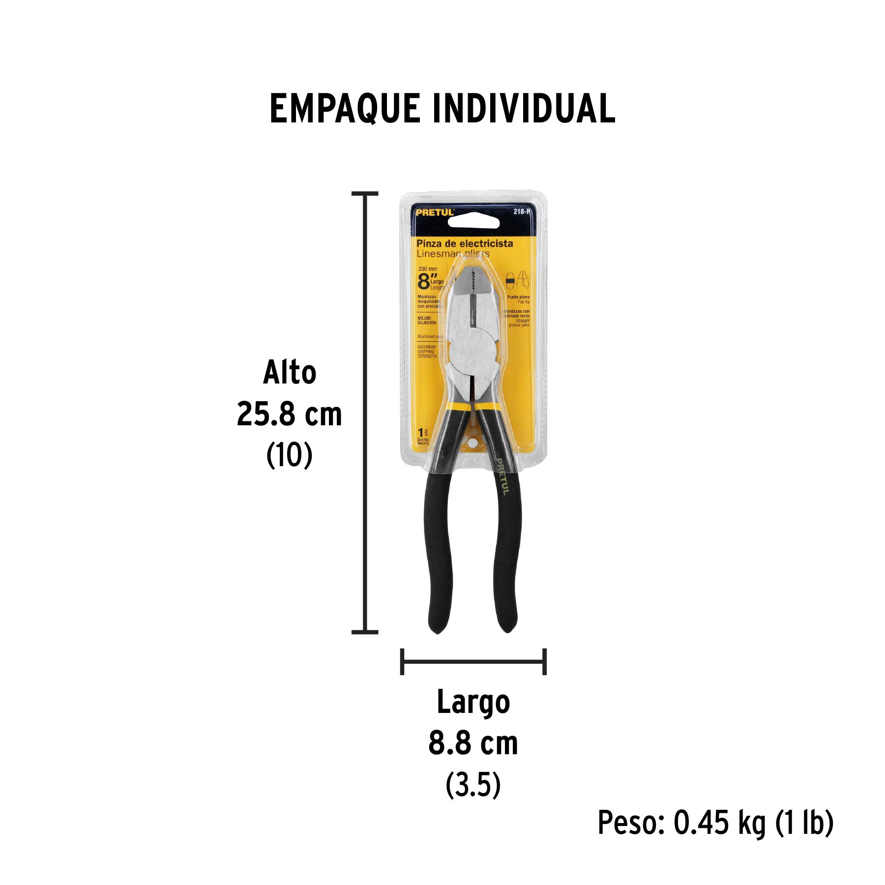 Pinza para electricista 8" uso rudo, mango de PVC, PRETUL - Empaque