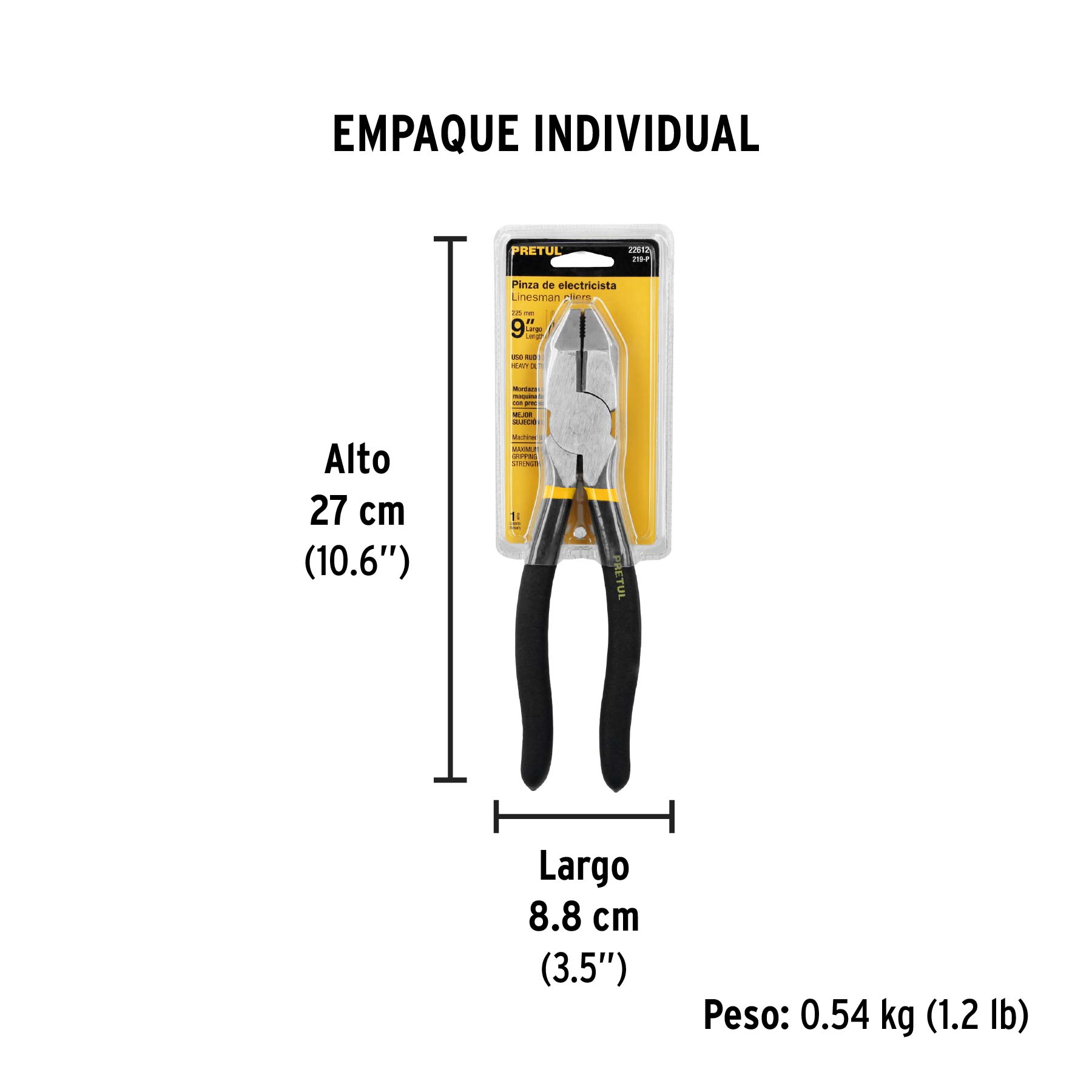 Pinza para electricista 9" uso rudo, mango de PVC, PRETUL - Empaque