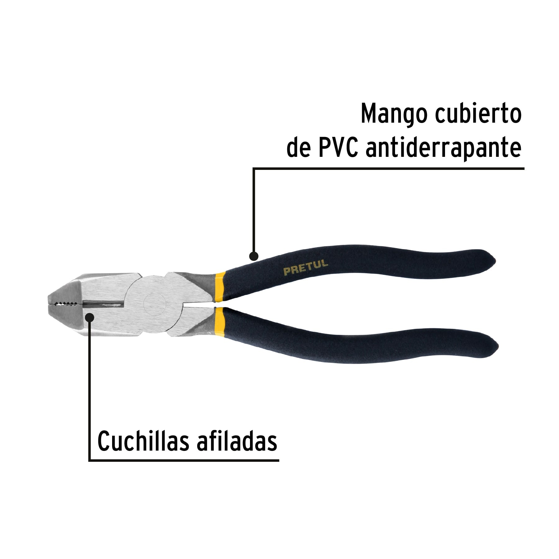 Pinza para electricista 9" uso rudo, mango de PVC, PRETUL