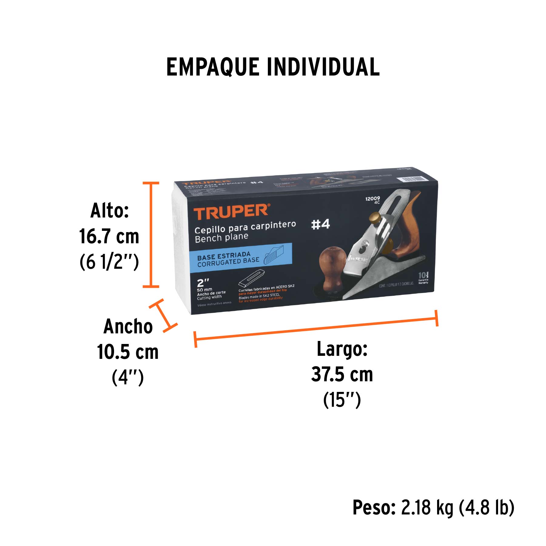 Cepillo para carpintero 4 base estriada, TRUPER - Empaque