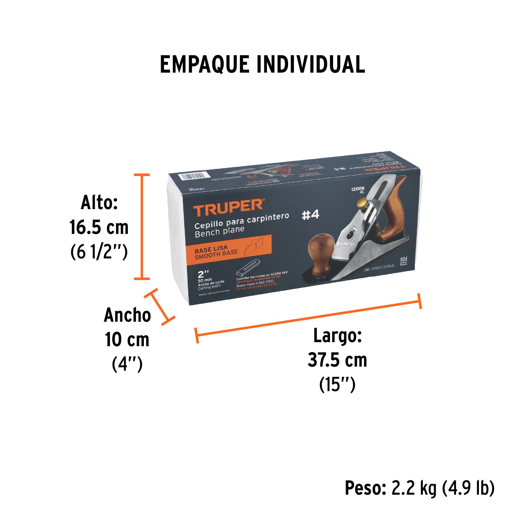 Cepillo para carpintero 4 base lisa, TRUPER - Empaque