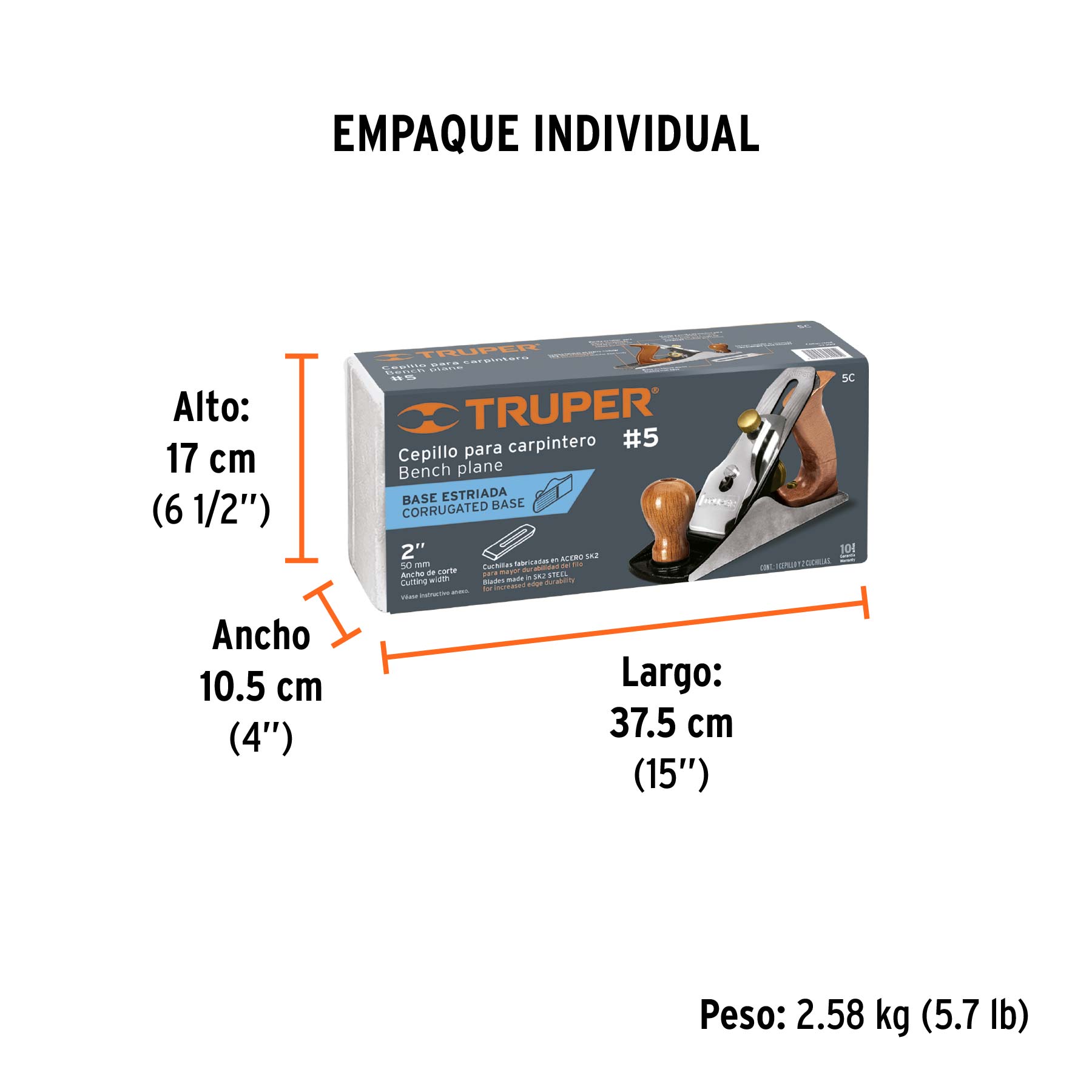 Cepillo para carpintero 5 base estriada, TRUPER - Empaque