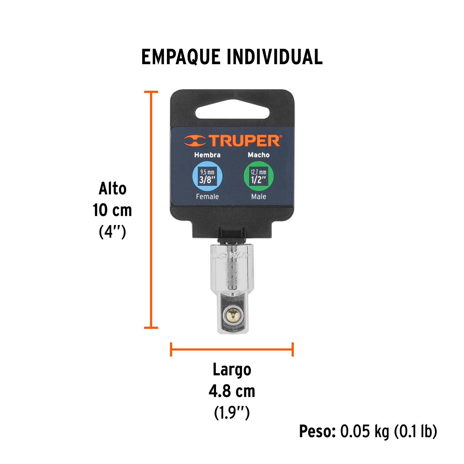 Adaptador para matraca de cuadro 3/8" a cuadro 1/2", TRUPER - Empaque