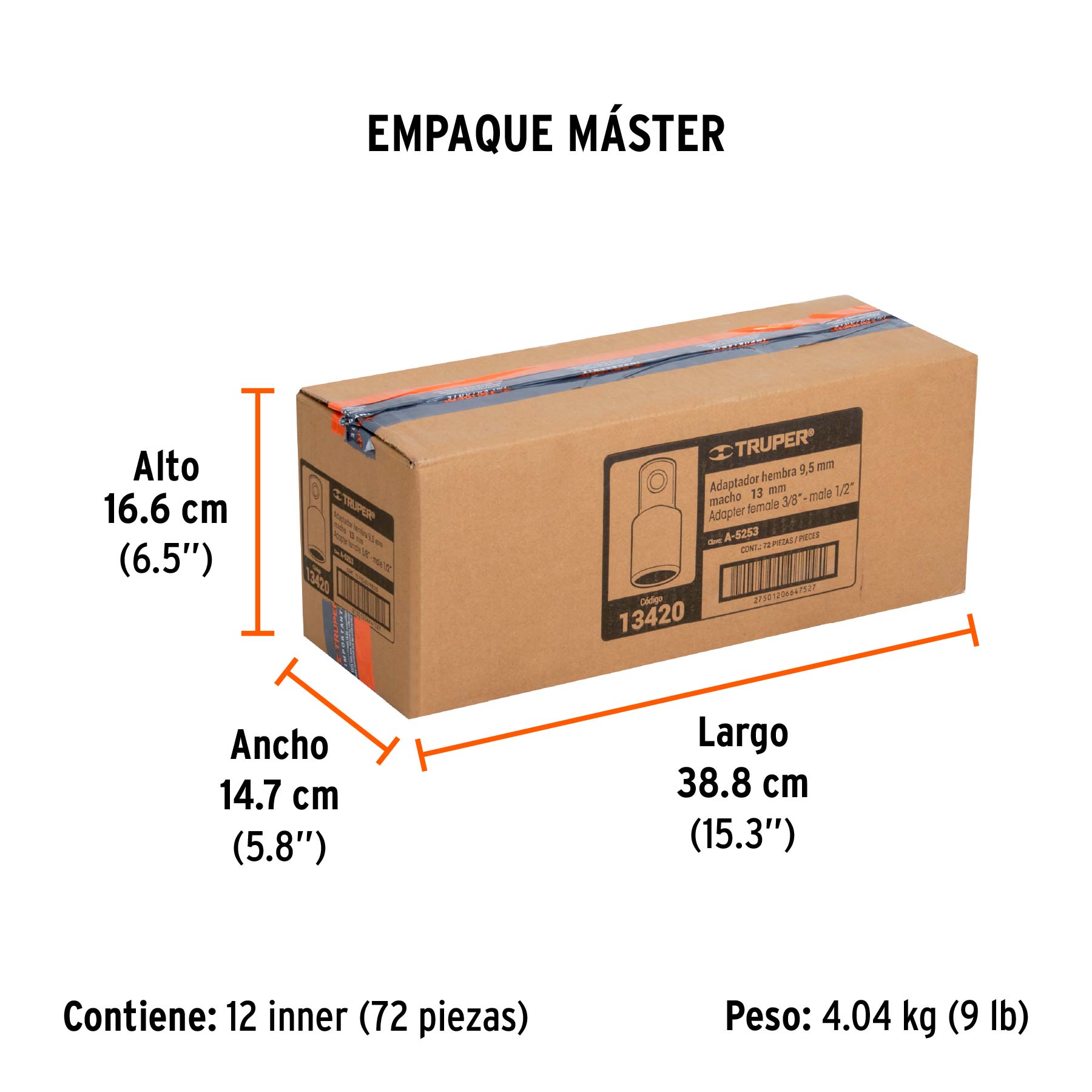 Adaptador para matraca de cuadro 3/8" a cuadro 1/2", TRUPER - Empaque