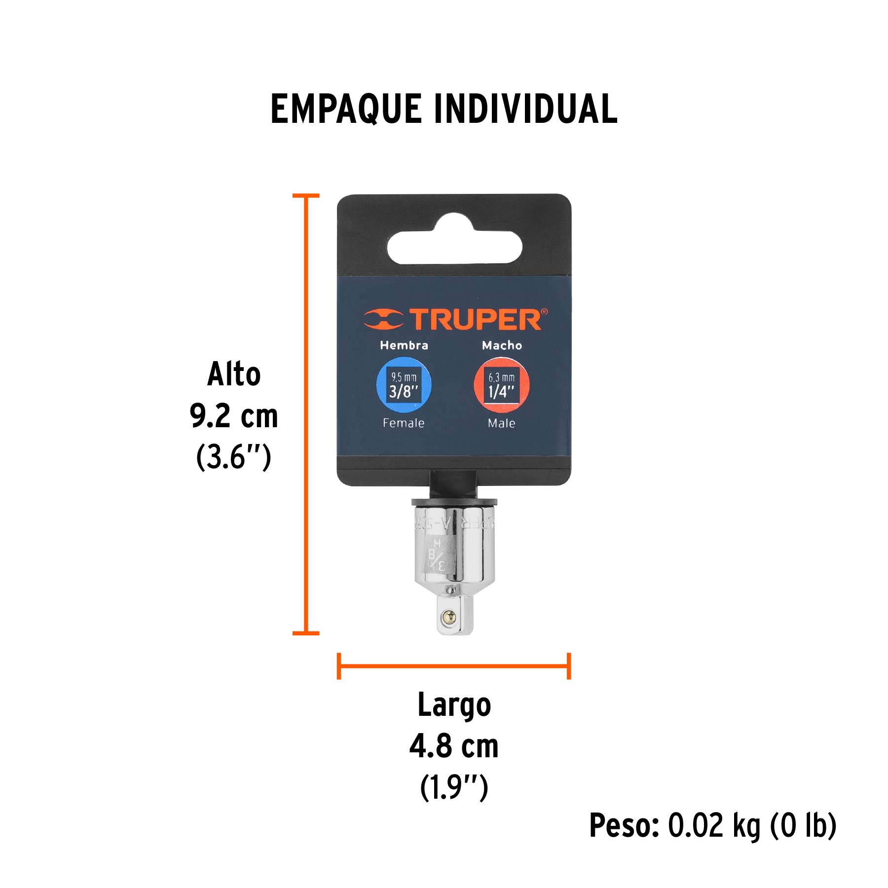 Adaptador para matraca de cuadro 3/8" a cuadro 1/4", TRUPER - Empaque