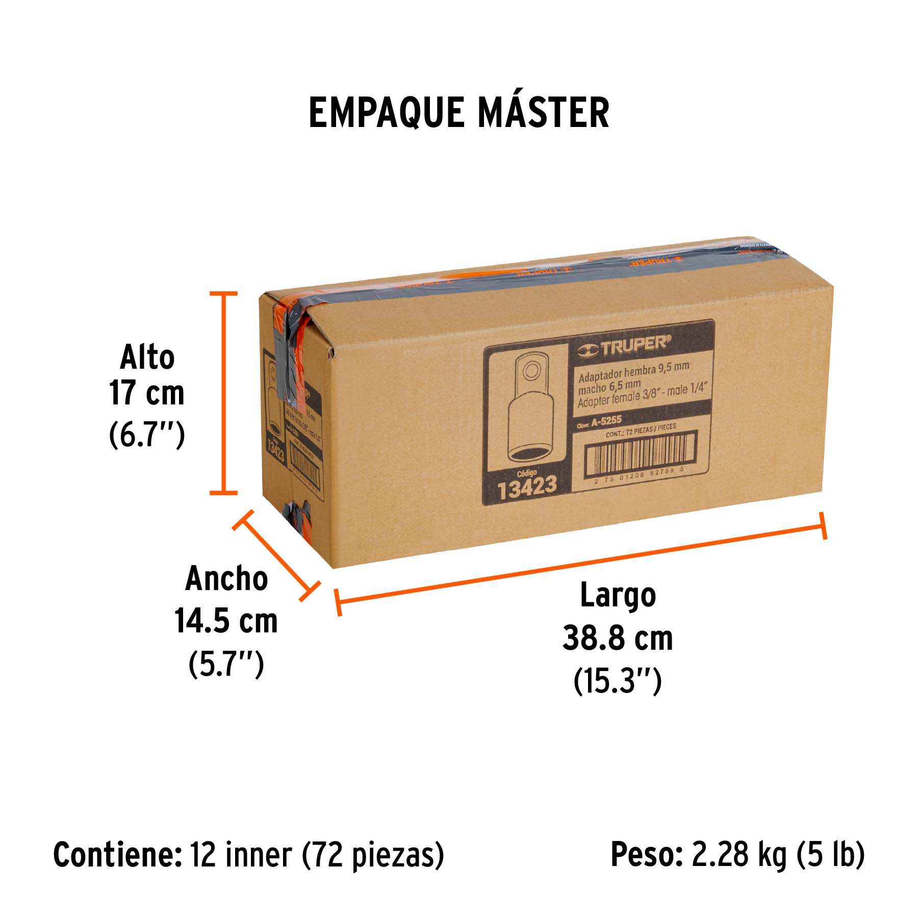 Adaptador para matraca de cuadro 3/8" a cuadro 1/4", TRUPER - Empaque