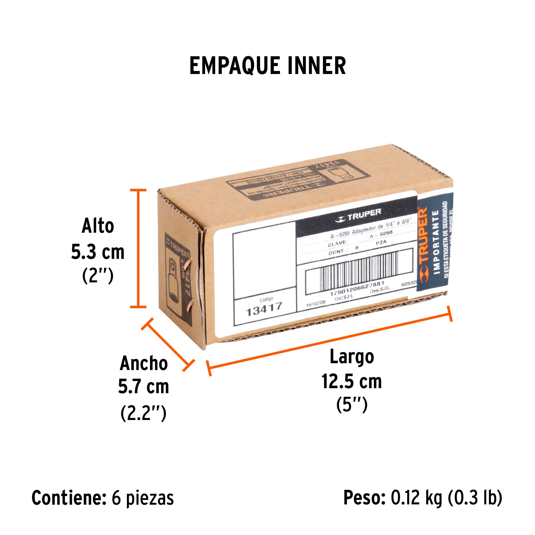 Adaptador para matraca de cuadro 1/4" a cuadro 3/8", TRUPER - Empaque