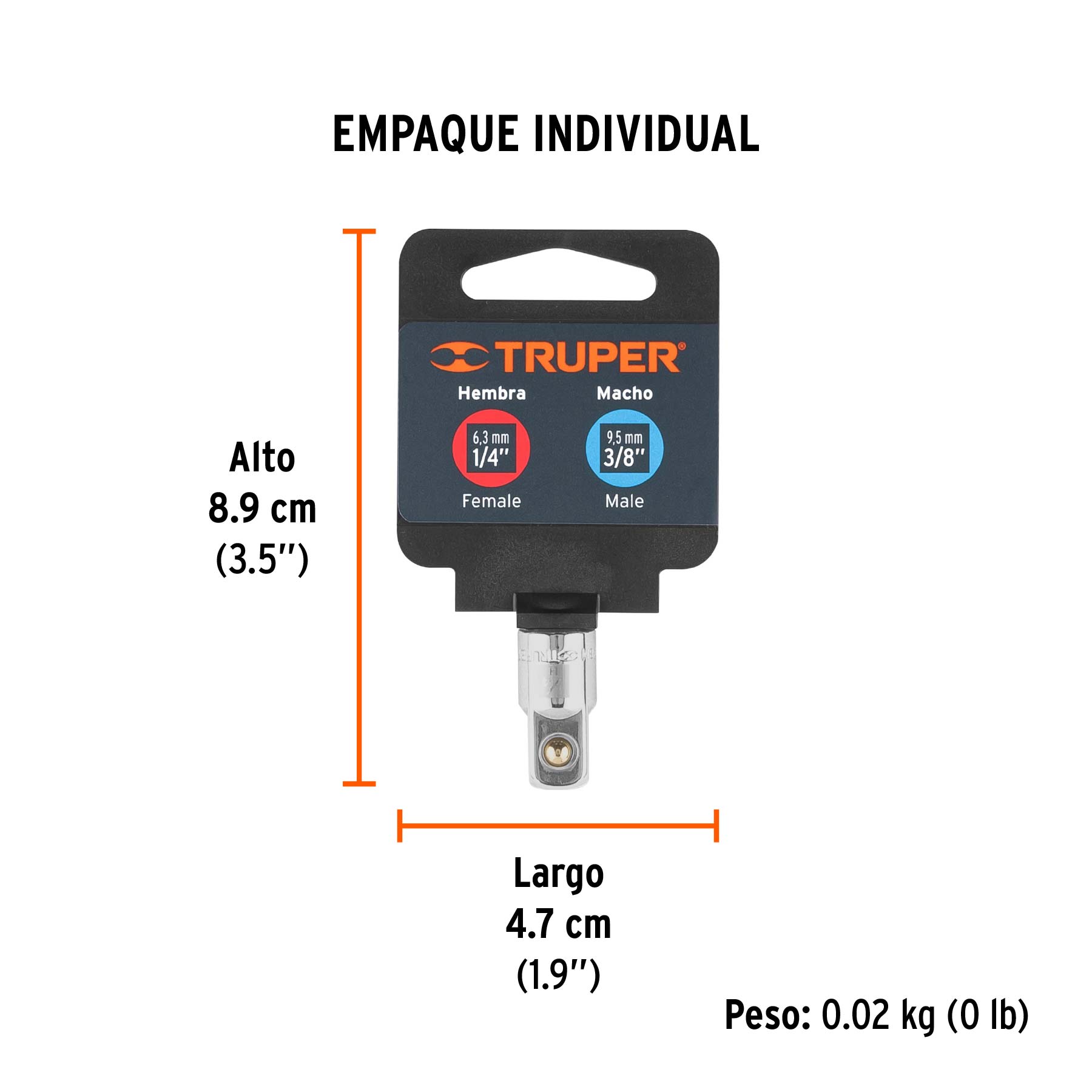Adaptador para matraca de cuadro 1/4" a cuadro 3/8", TRUPER - Empaque