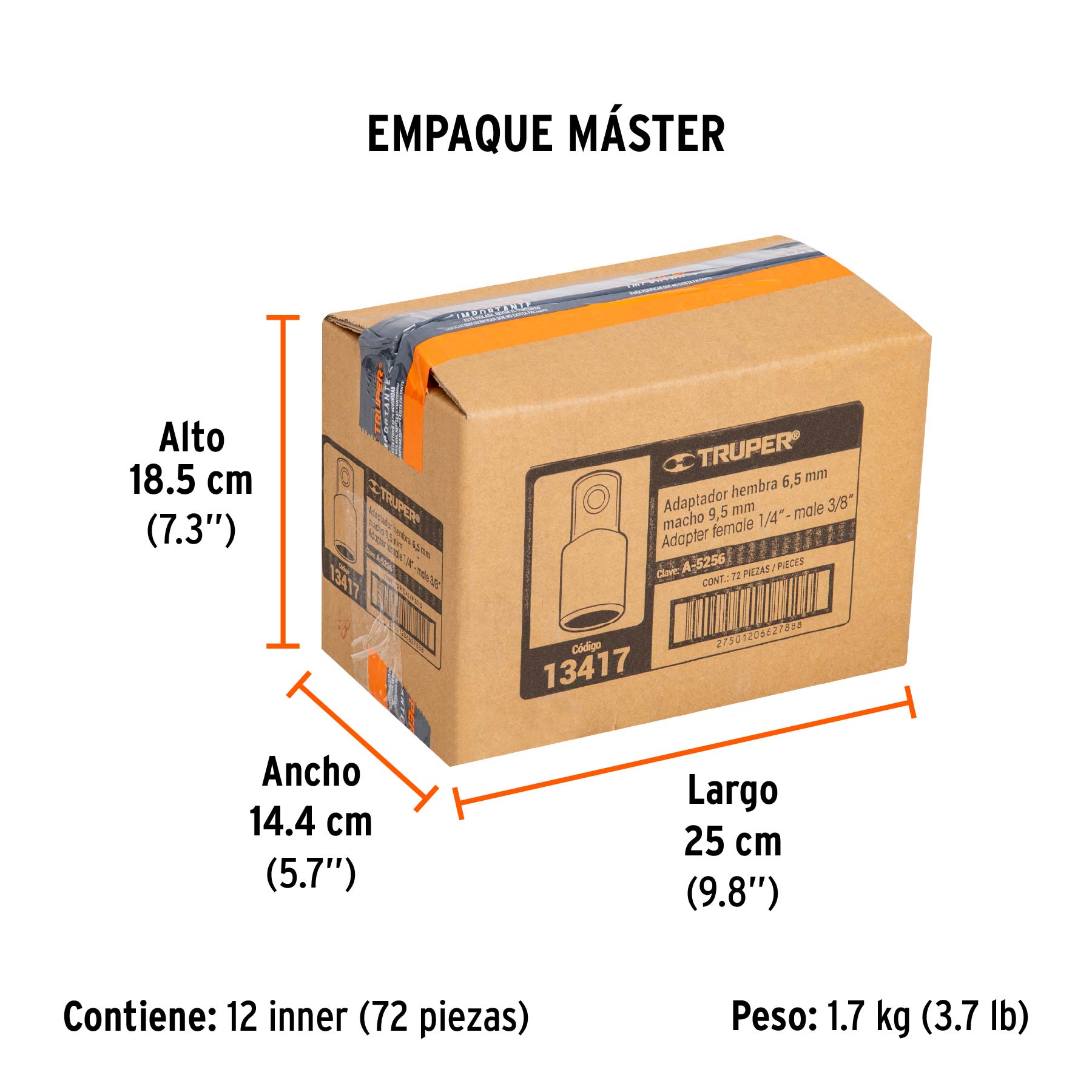 Adaptador para matraca de cuadro 1/4" a cuadro 3/8", TRUPER - Empaque