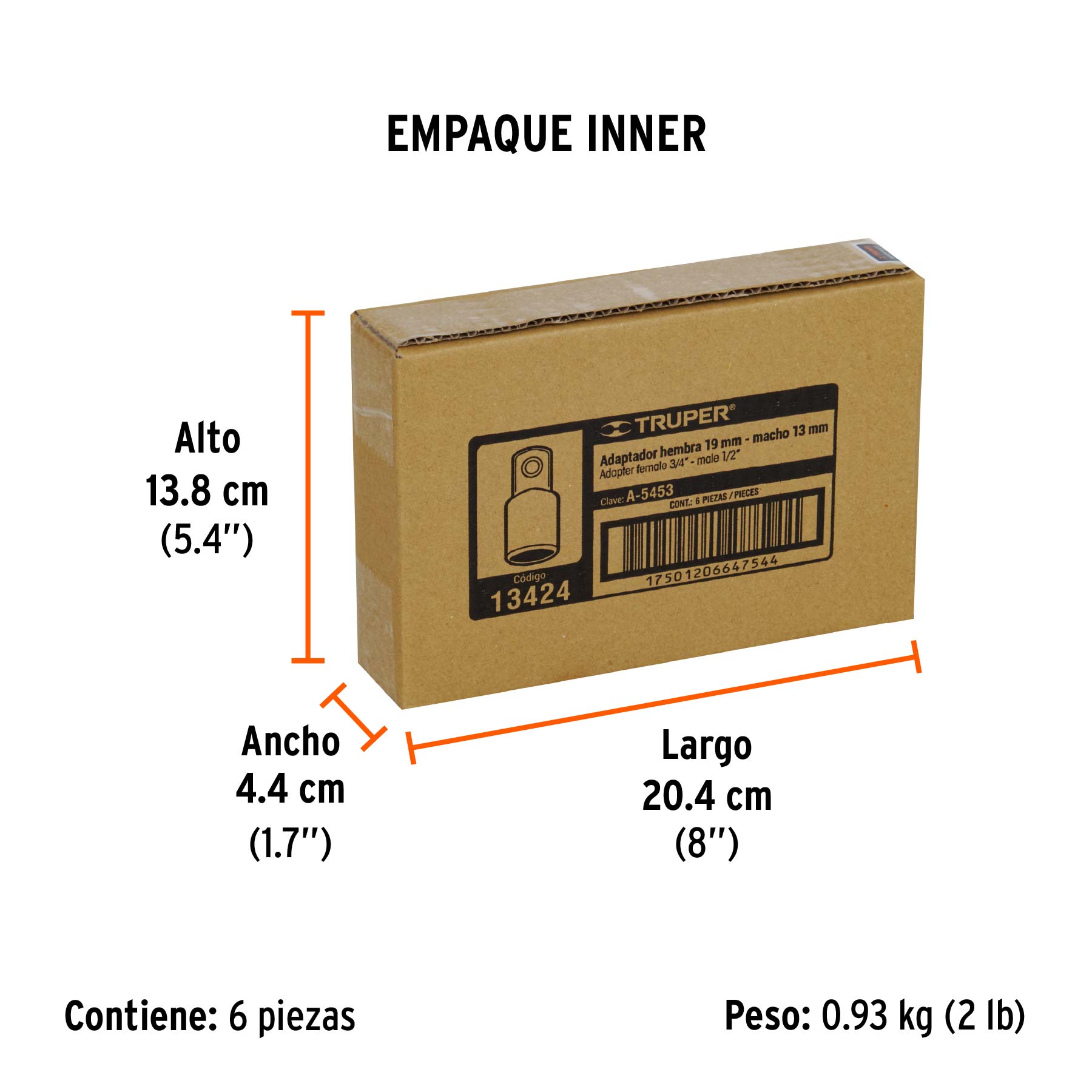 Adaptador para matraca de cuadro 3/4" a cuadro 1/2", TRUPER - Empaque