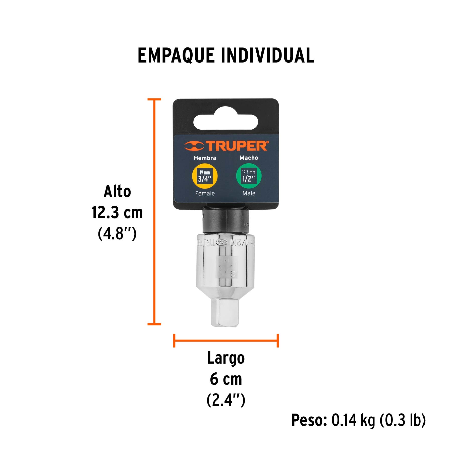 Adaptador para matraca de cuadro 3/4" a cuadro 1/2", TRUPER - Empaque