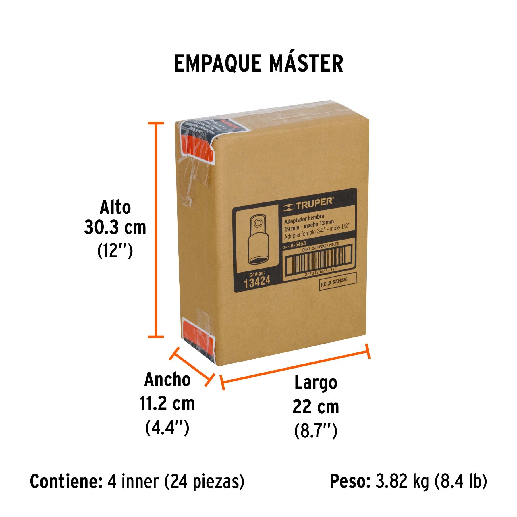 Adaptador para matraca de cuadro 3/4" a cuadro 1/2", TRUPER - Empaque