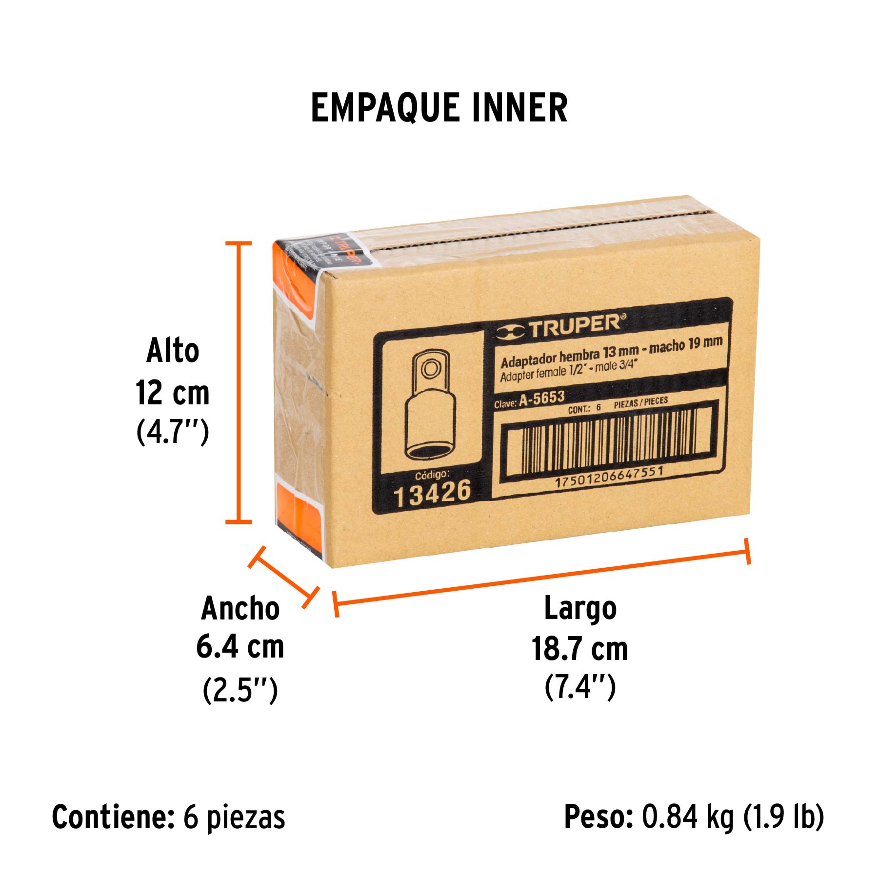 Adaptador para matraca de cuadro 1/2" a cuadro 3/4", TRUPER - Empaque