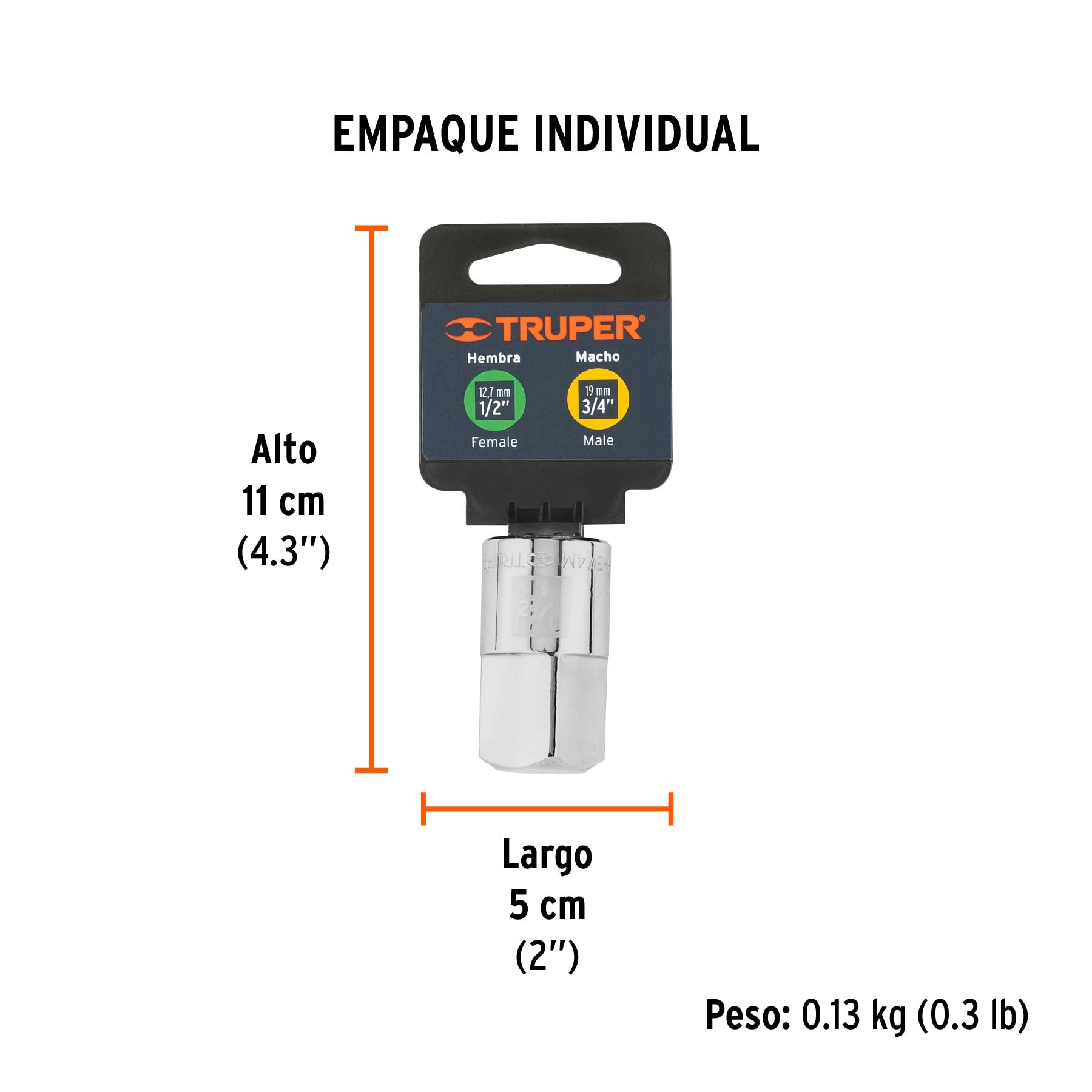 Adaptador para matraca de cuadro 1/2" a cuadro 3/4", TRUPER - Empaque