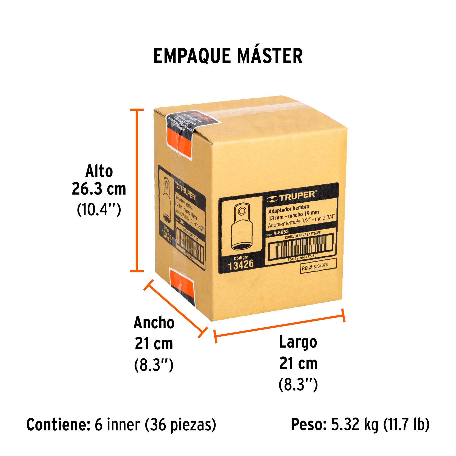 Adaptador para matraca de cuadro 1/2" a cuadro 3/4", TRUPER - Empaque