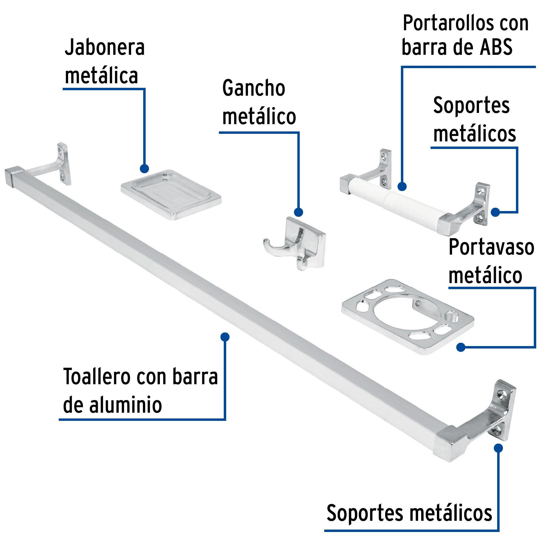 Juego de 5 accesorios para baño, metálicos, cromo, BASIC