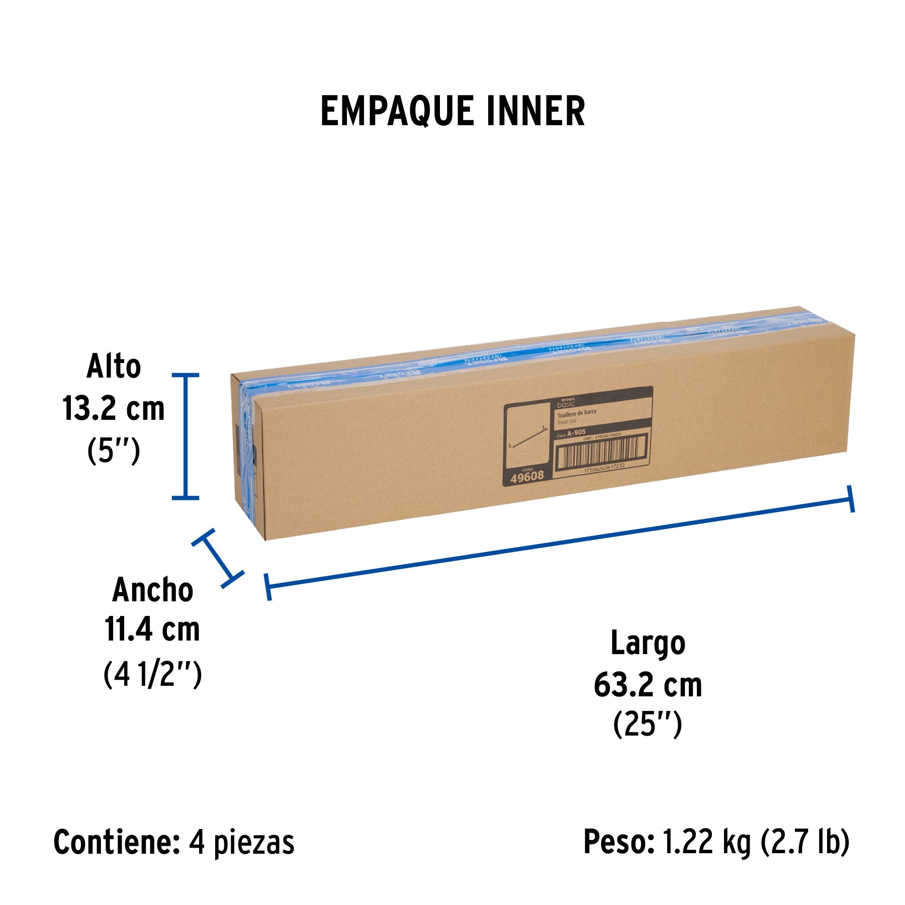 Toallero de barra largo, metálico, cromo, BASIC - Empaque