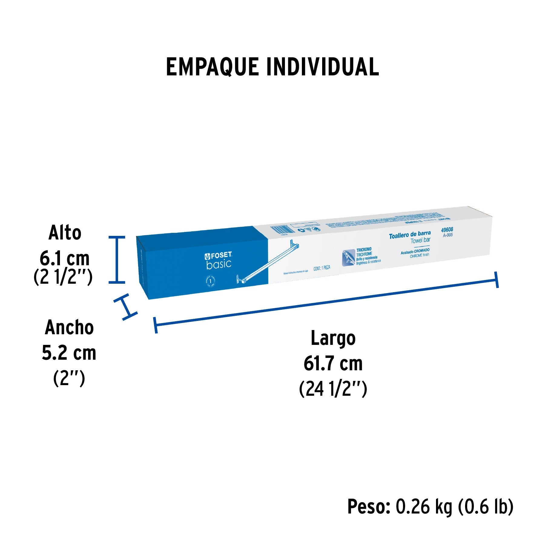 Toallero de barra largo, metálico, cromo, BASIC - Empaque