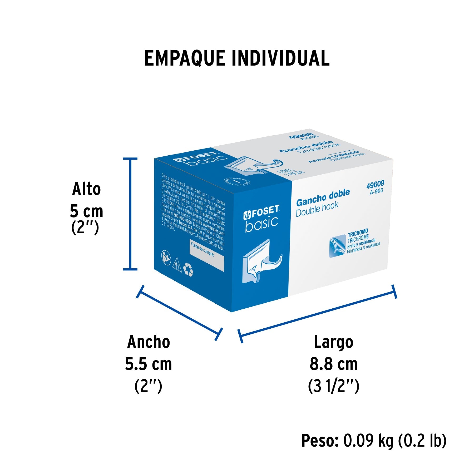 Gancho doble para toallas, metálico, cromo, BASIC - Empaque