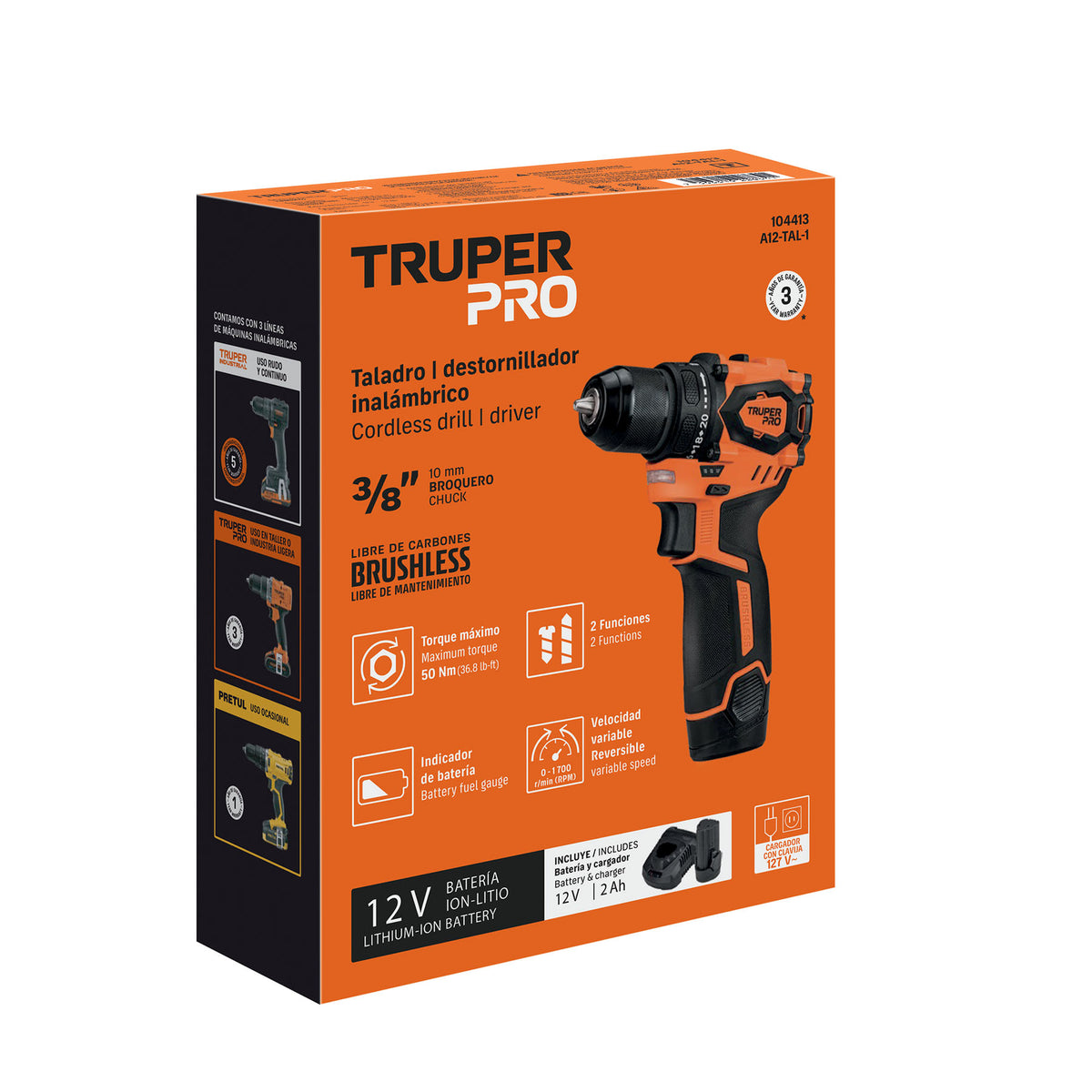 Taladro/destornillador 3/8", 12V, 1 batería 2Ah, TRUPER PRO