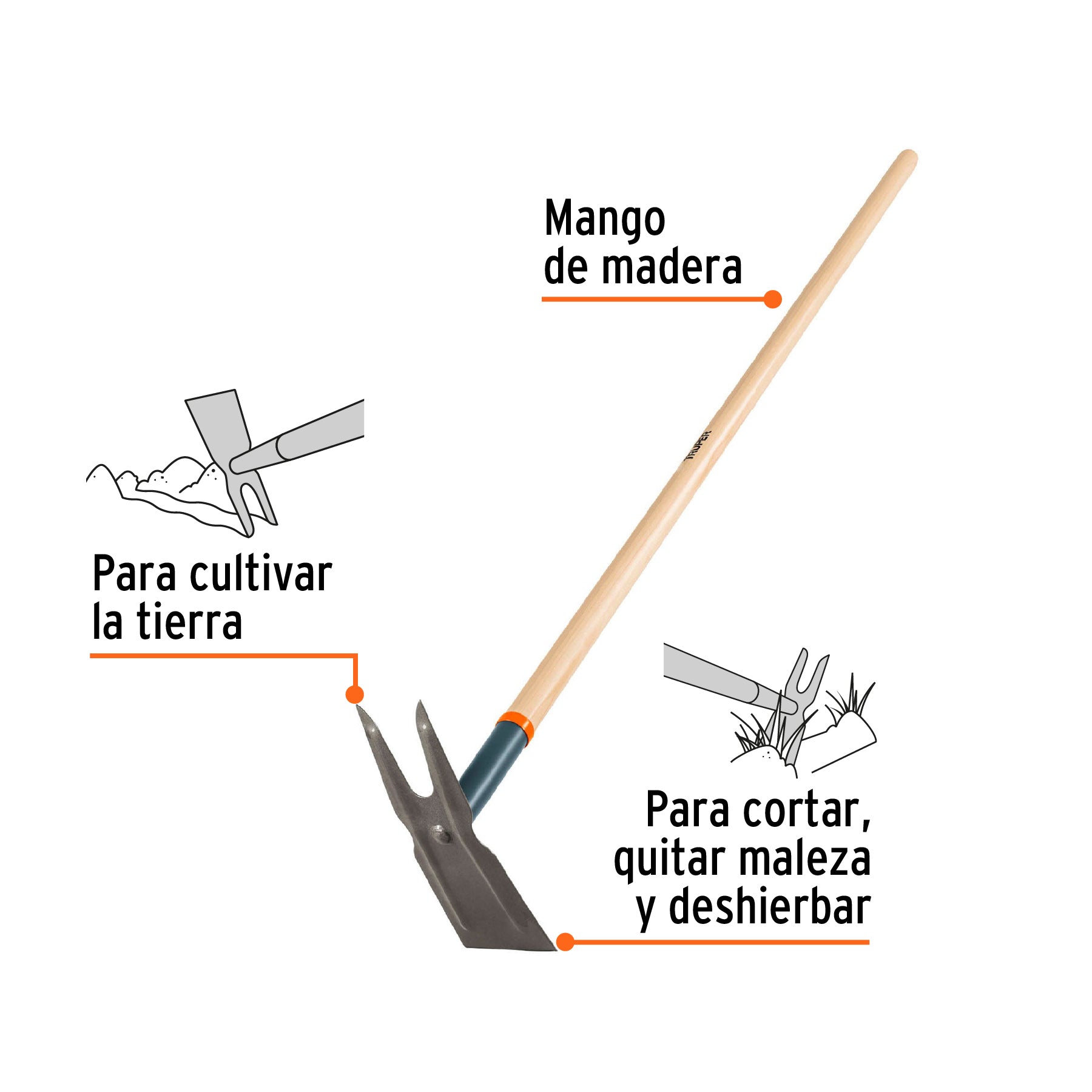 Azadón dos cuernos, mango de madera 54", TRUPER