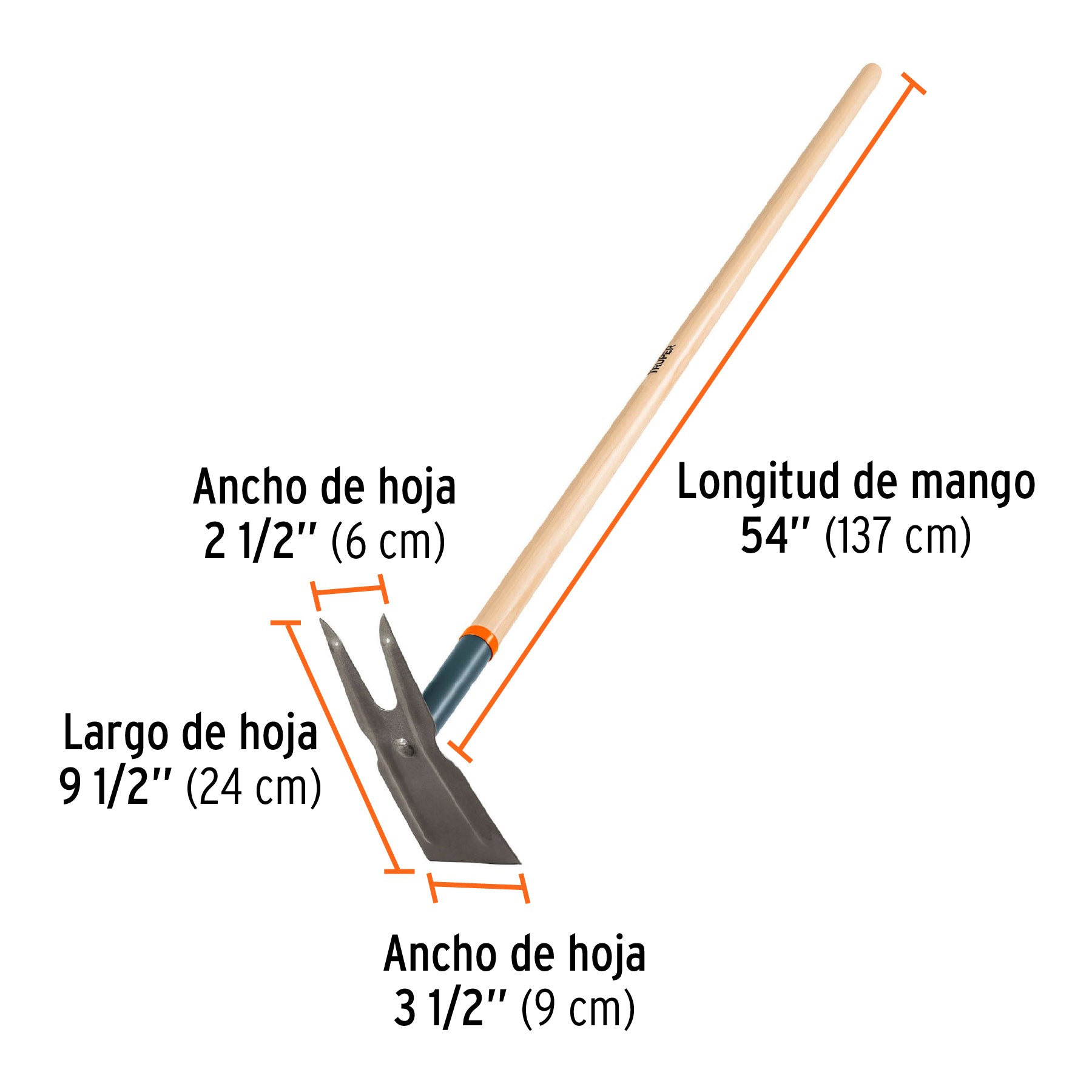 Azadón dos cuernos, mango de madera 54", TRUPER