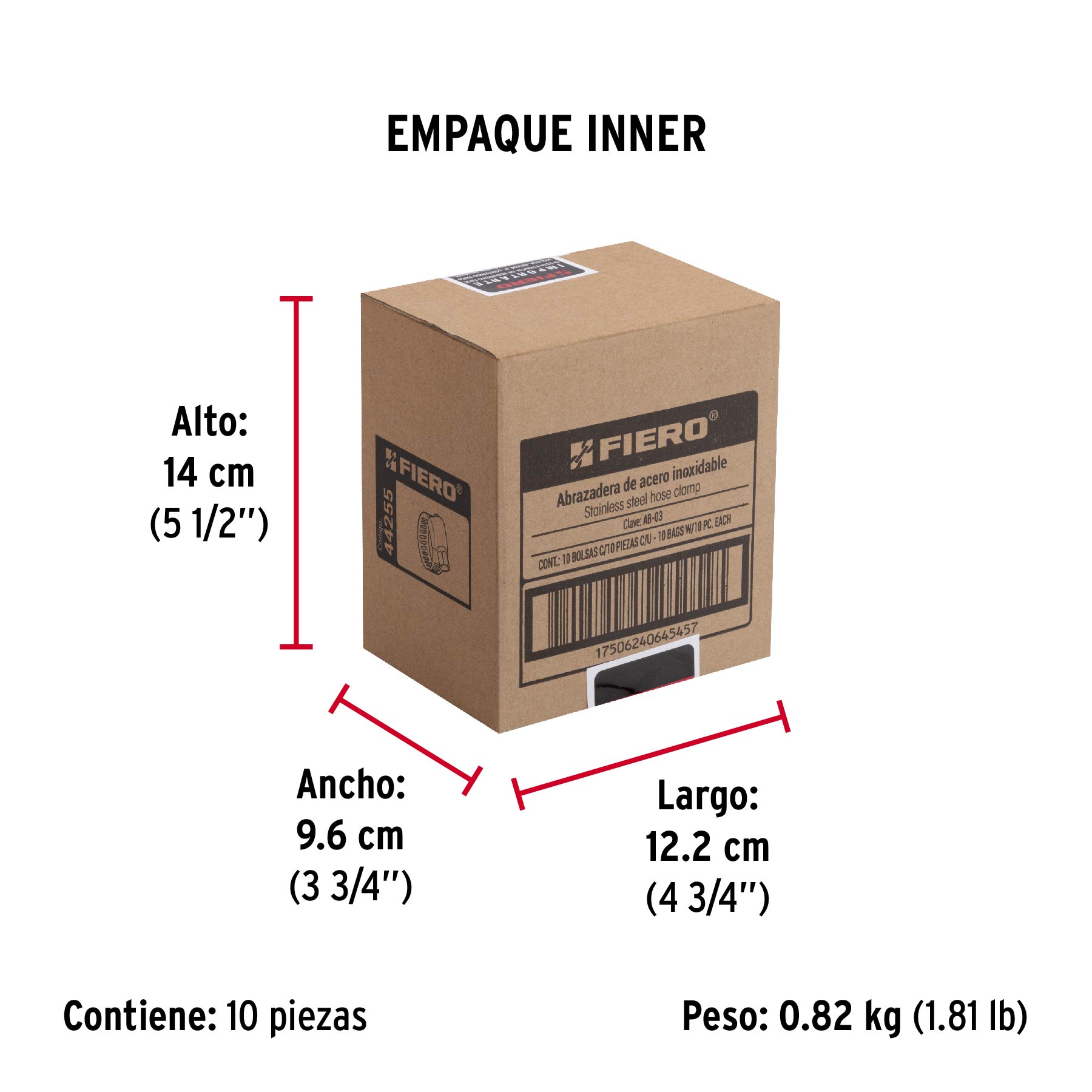 Bolsa con 10 abrazaderas mini sin fin #3, 1/4 - 5/8", FIERO - Empaque