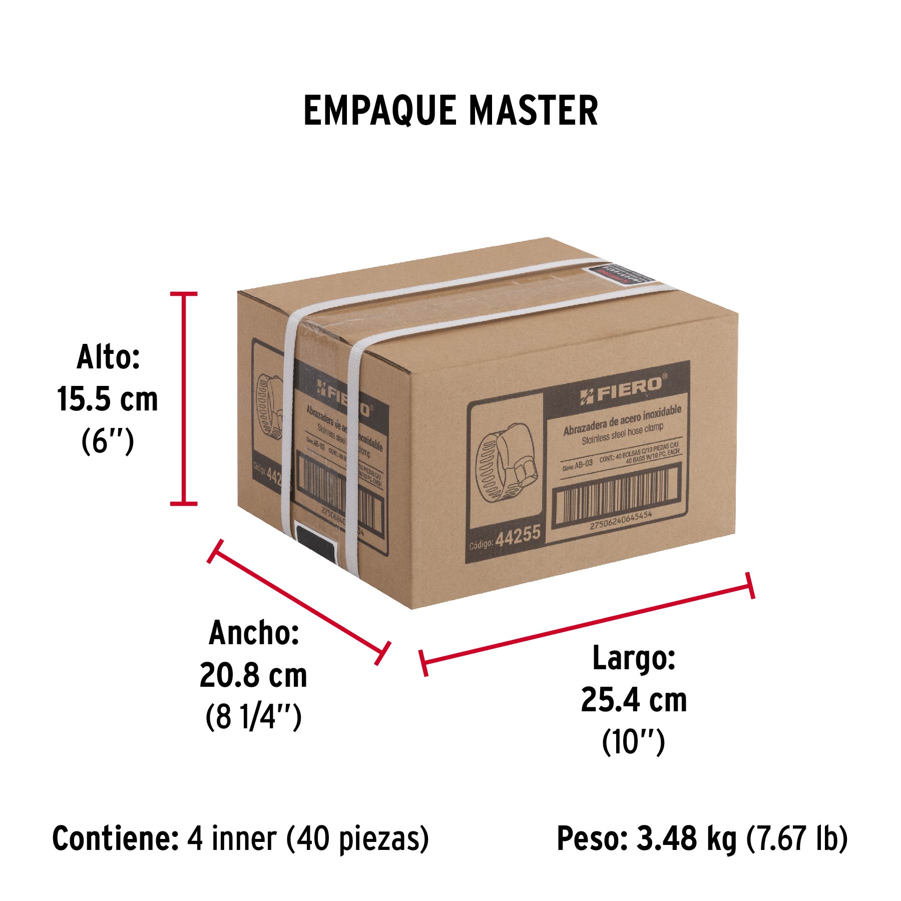 Bolsa con 10 abrazaderas mini sin fin #3, 1/4 - 5/8", FIERO - Empaque