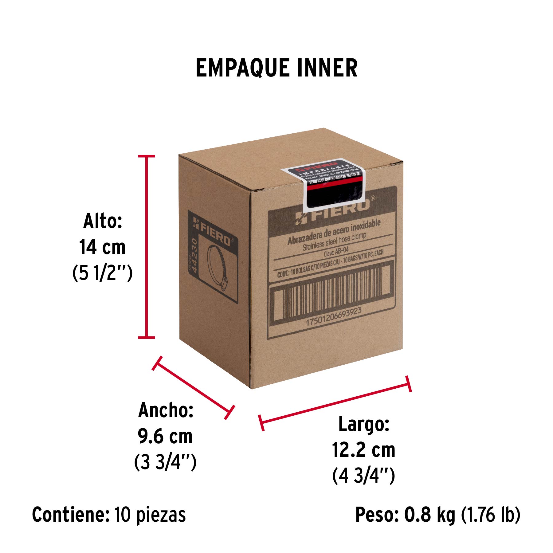 Bolsa con 10 abrazaderas mini sin fin #4, 3/8 - 5/8", FIERO - Empaque