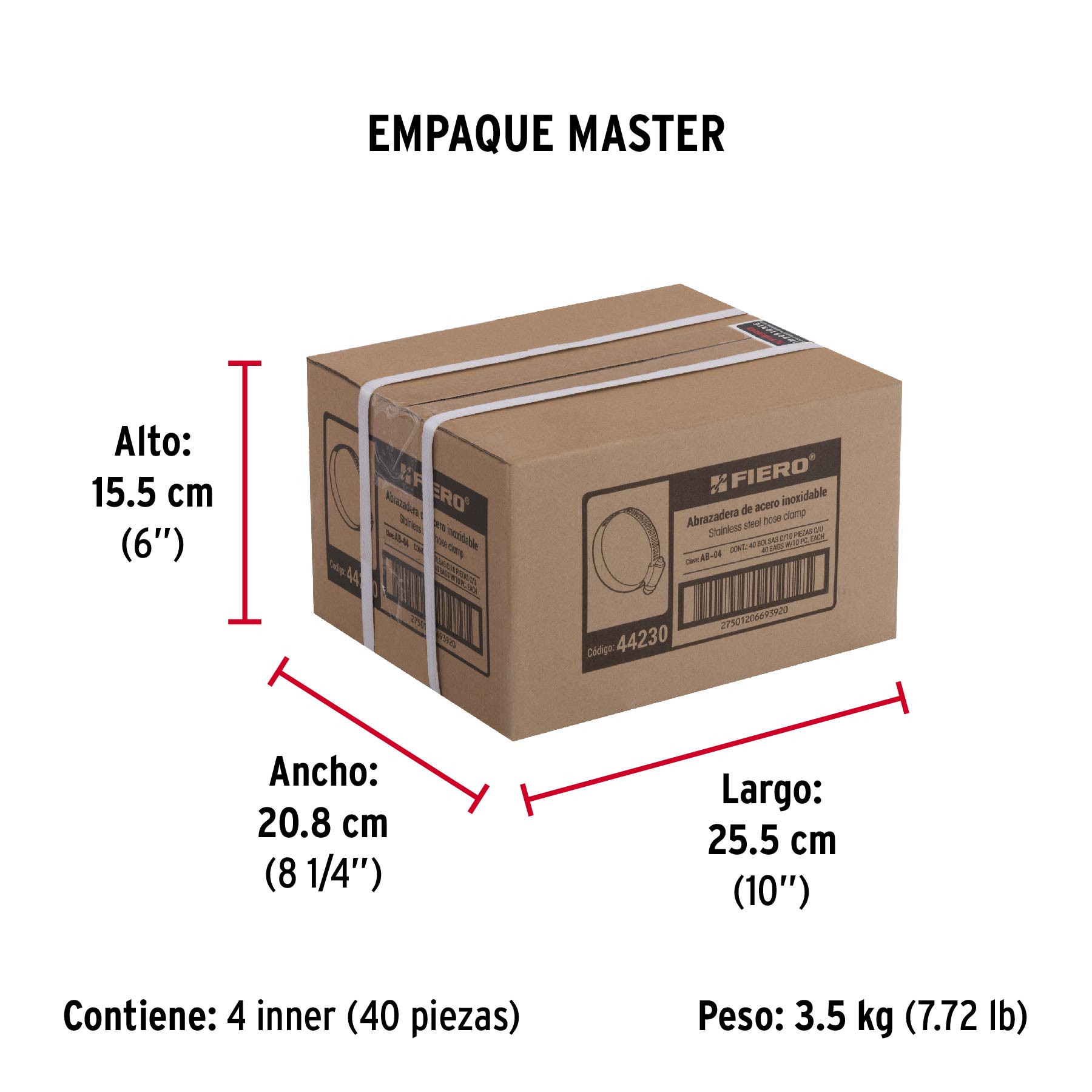 Bolsa con 10 abrazaderas mini sin fin #4, 3/8 - 5/8", FIERO - Empaque