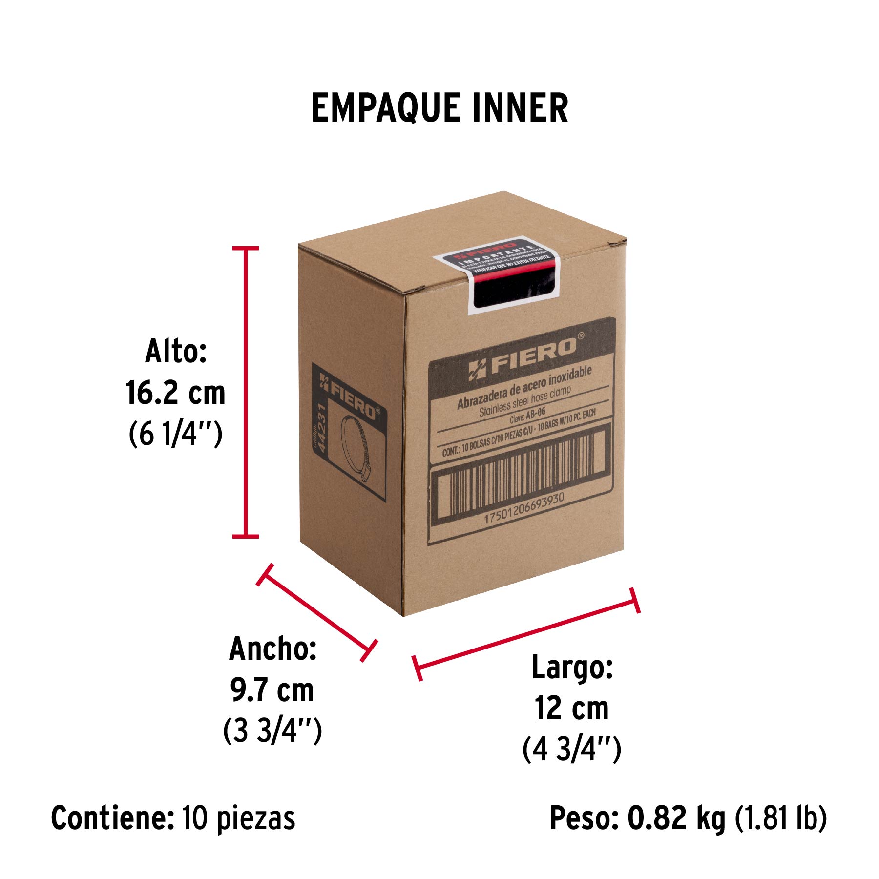 Bolsa con 10 abrazaderas mini, sin fin #6, 1/2 - 3/4", FIERO - Empaque
