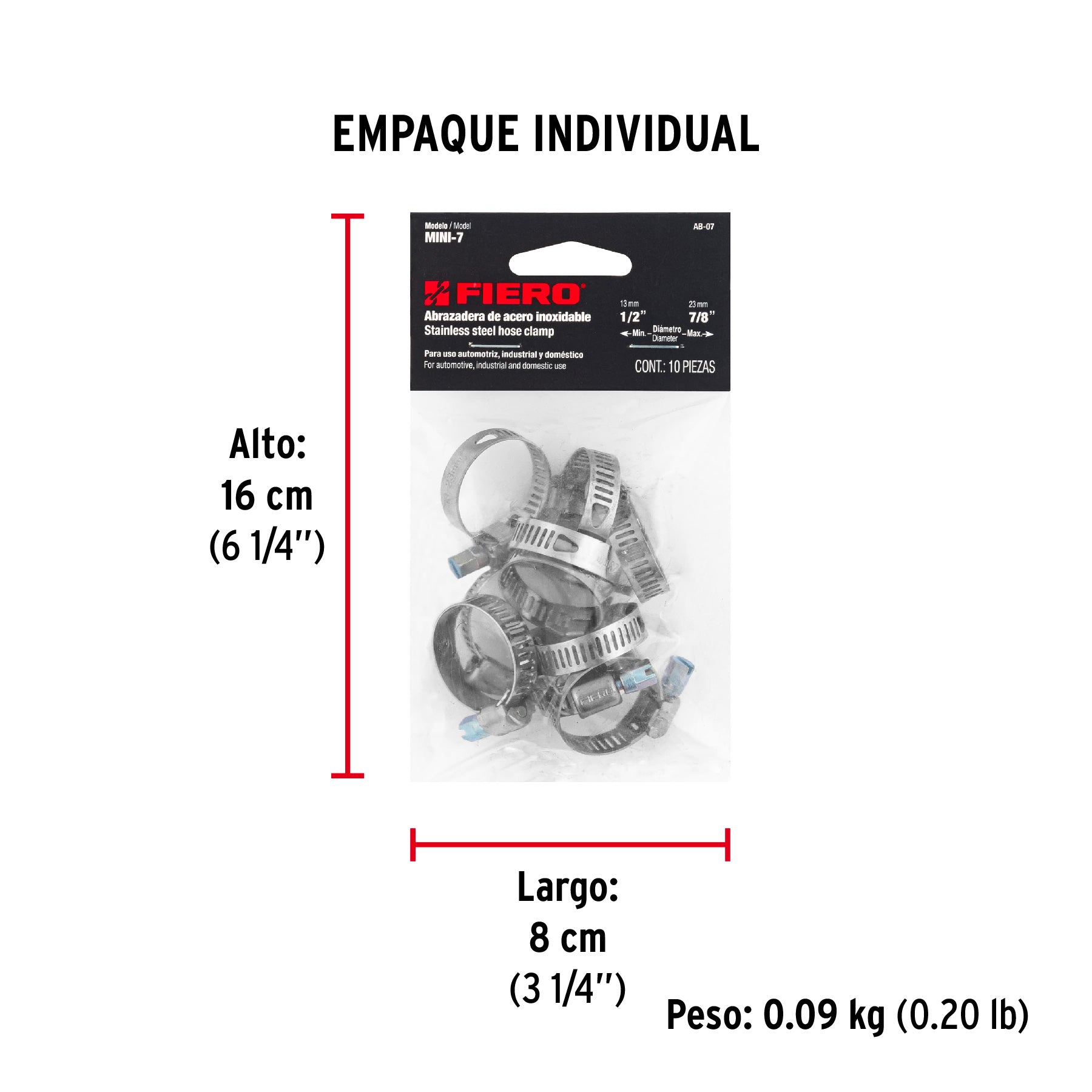 Bolsa con 10 abrazaderas mini sin fin #7, 1/2 - 7/8", FIERO - Empaque