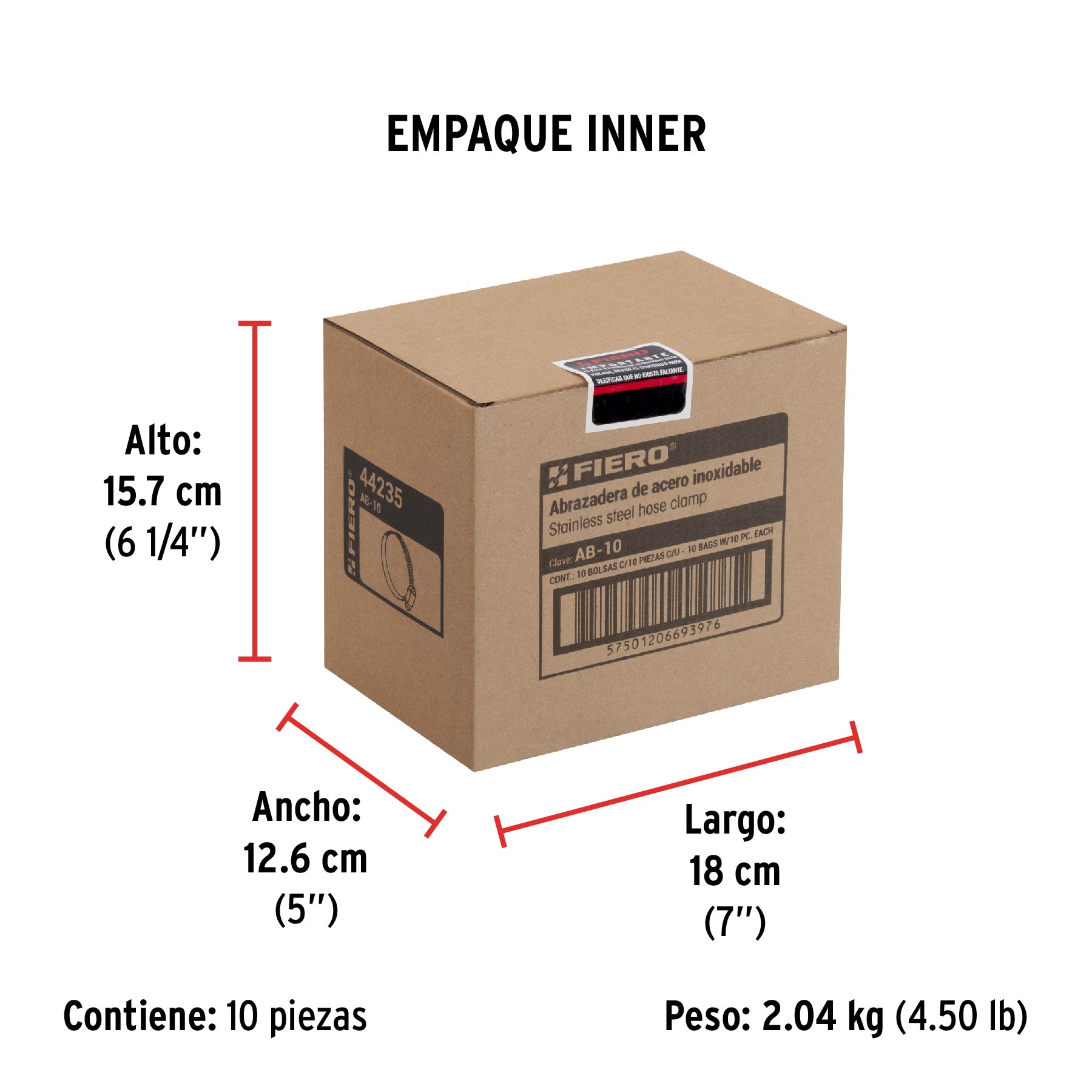Bolsa con 10 abrazaderas sin fin #10, 3/4 - 1-1/16", FIERO - Empaque
