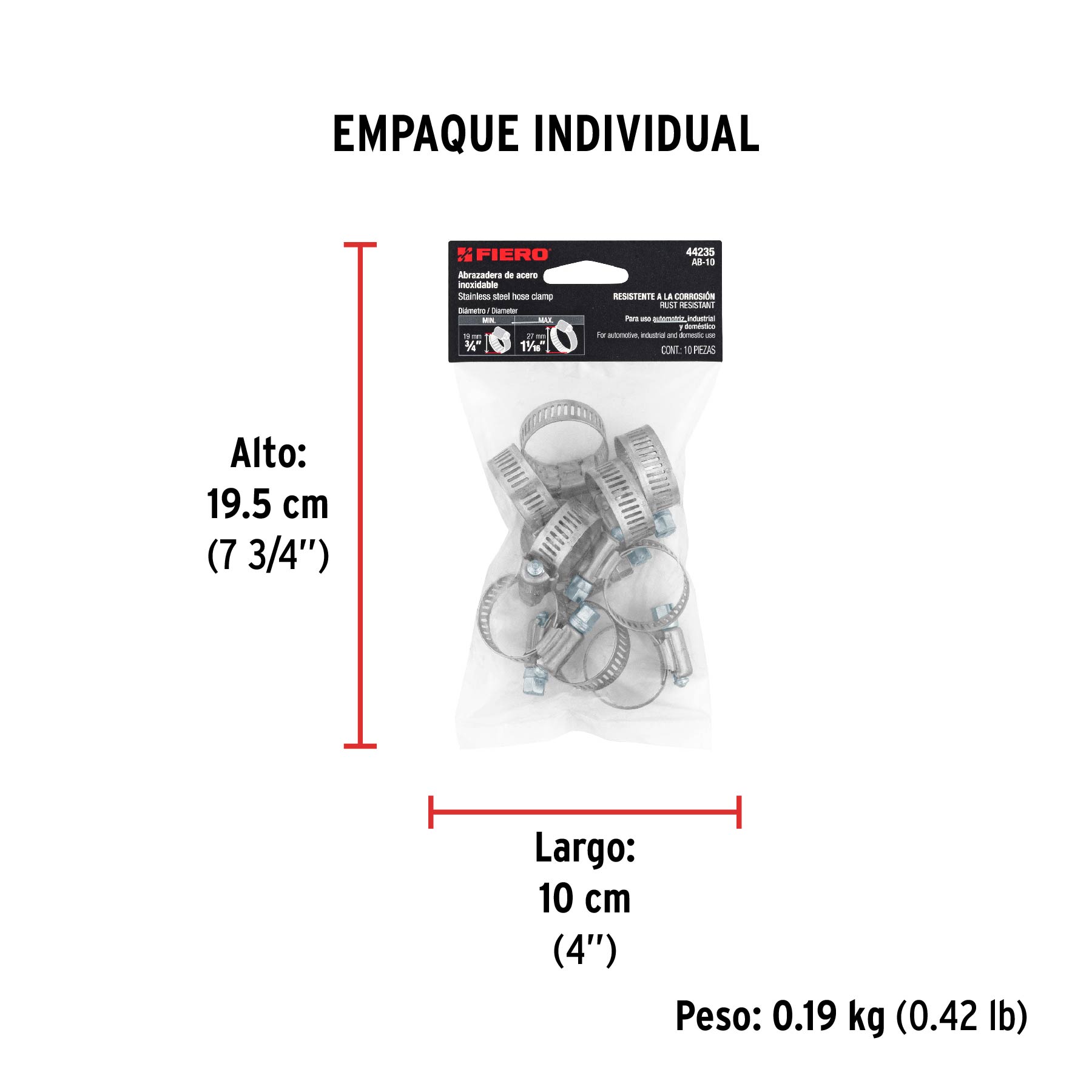 Bolsa con 10 abrazaderas sin fin #10, 3/4 - 1-1/16", FIERO - Empaque