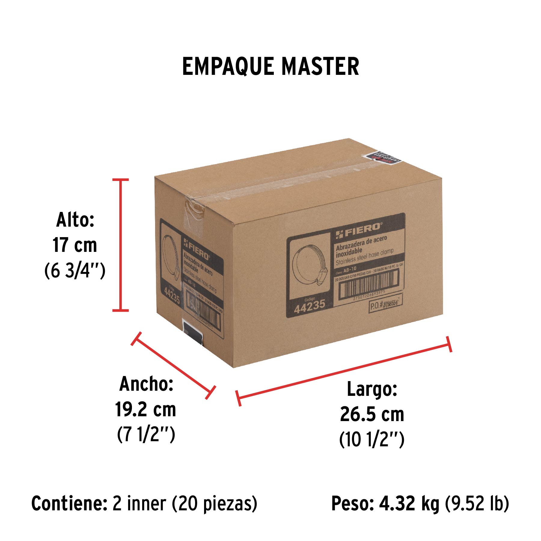 Bolsa con 10 abrazaderas sin fin #10, 3/4 - 1-1/16", FIERO - Empaque