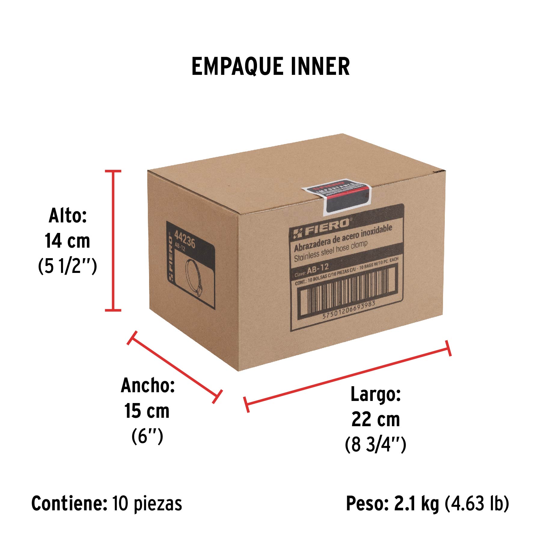 Bolsa con 10 abrazaderas sin fin #12, 5/8 - 1-1/4", FIERO - Empaque