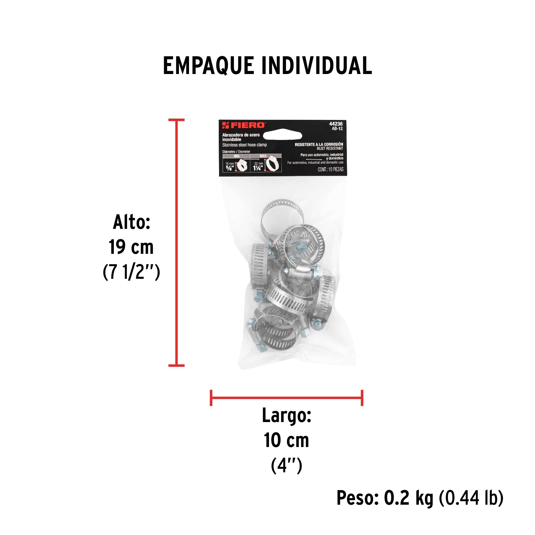 Bolsa con 10 abrazaderas sin fin #12, 5/8 - 1-1/4", FIERO - Empaque