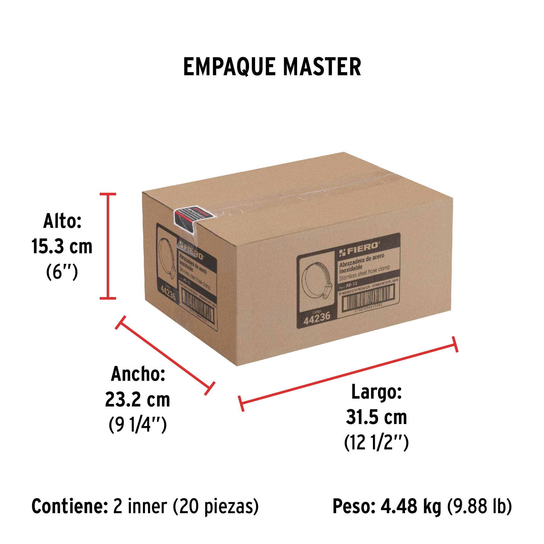Bolsa con 10 abrazaderas sin fin #12, 5/8 - 1-1/4", FIERO - Empaque