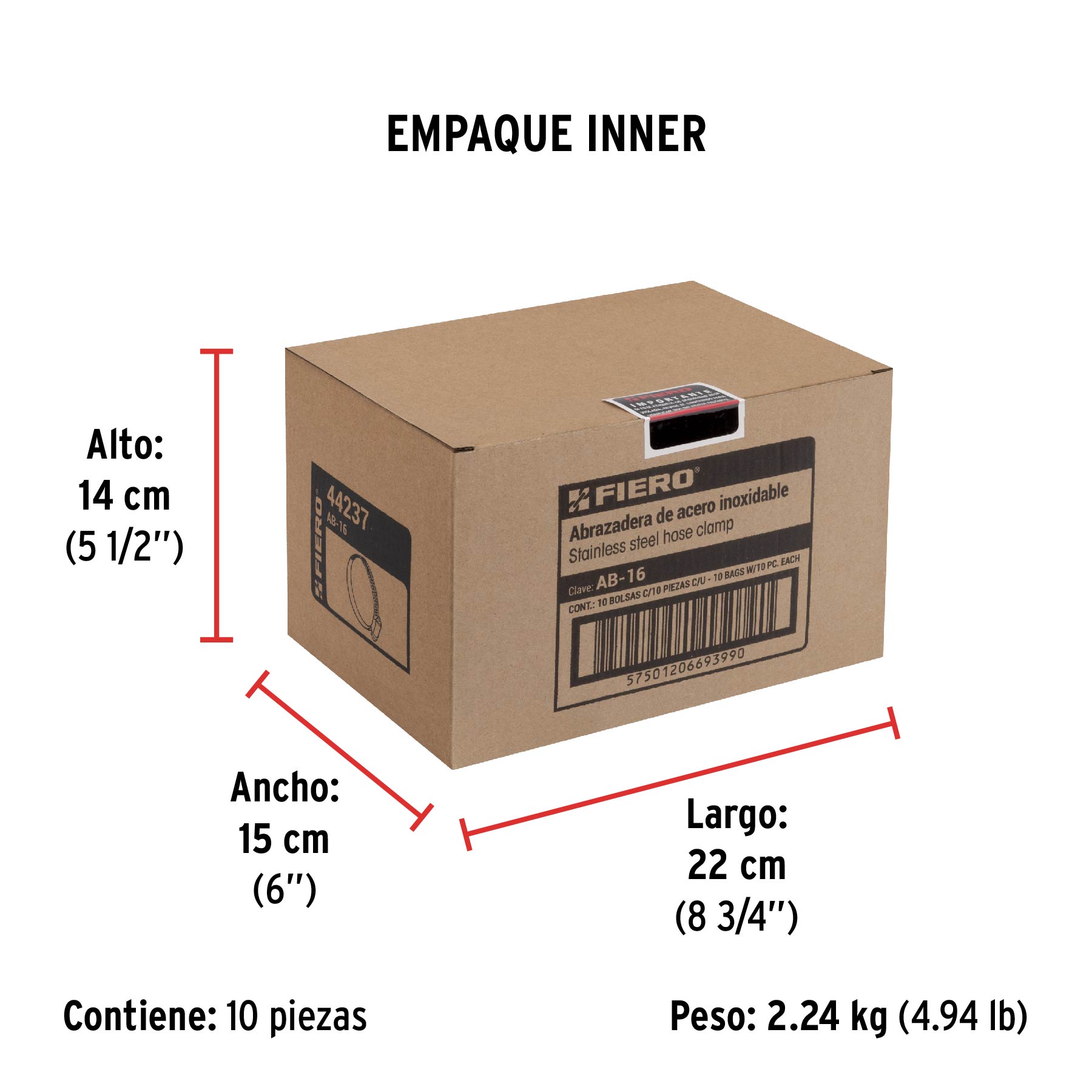 Bolsa con 10 abrazaderas sin fin #16, 3/4 - 1-1/2", FIERO - Empaque
