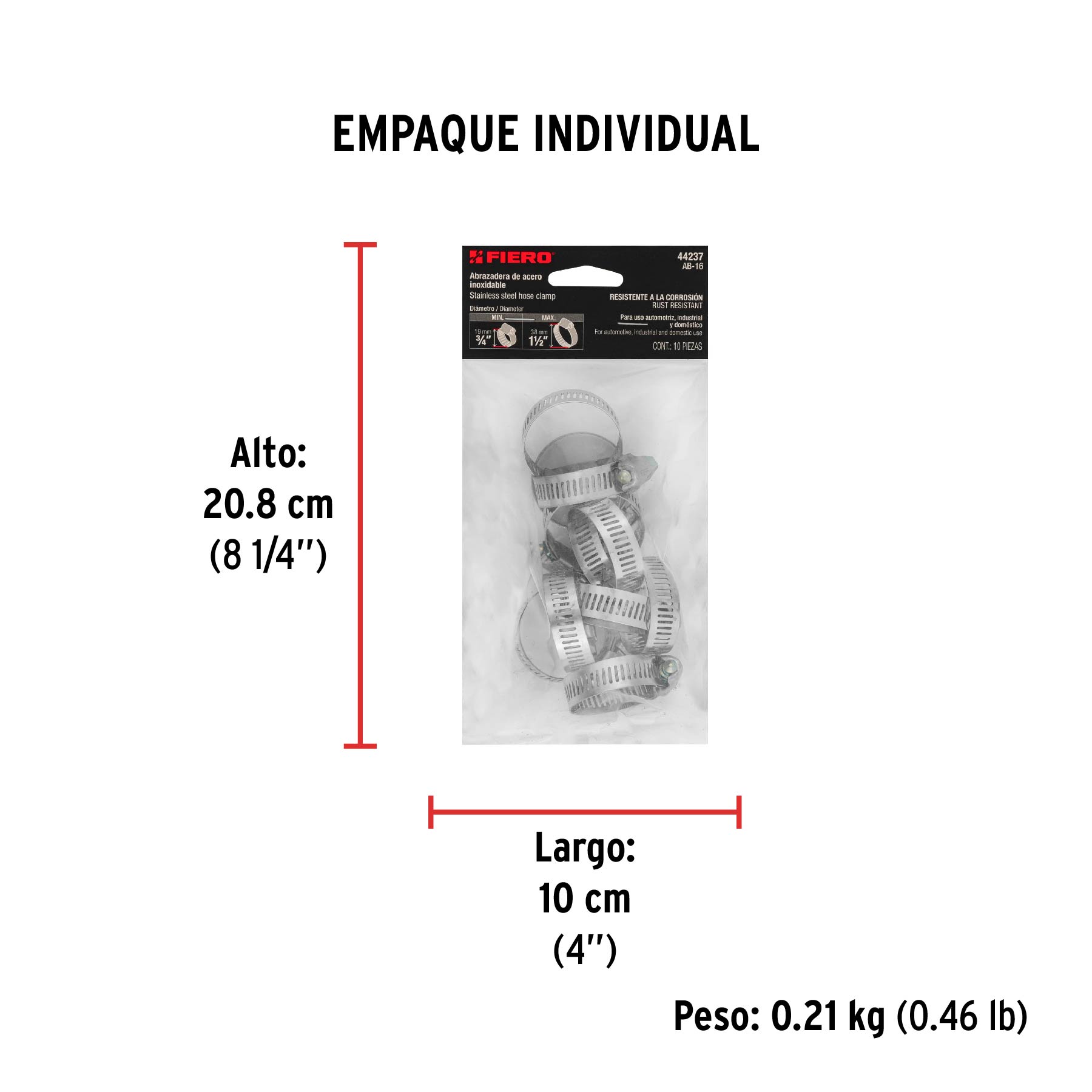 Bolsa con 10 abrazaderas sin fin #16, 3/4 - 1-1/2", FIERO - Empaque
