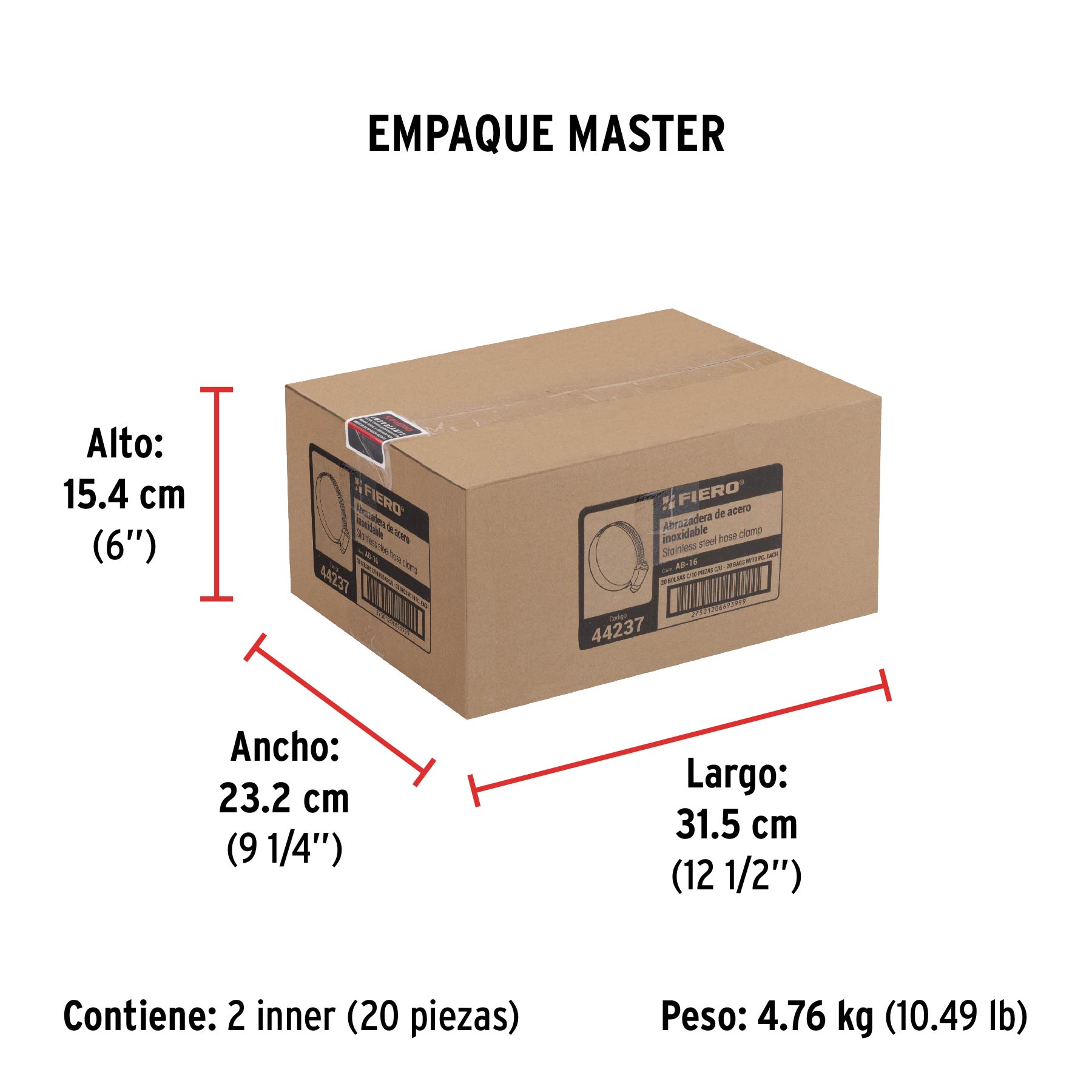Bolsa con 10 abrazaderas sin fin #16, 3/4 - 1-1/2", FIERO - Empaque