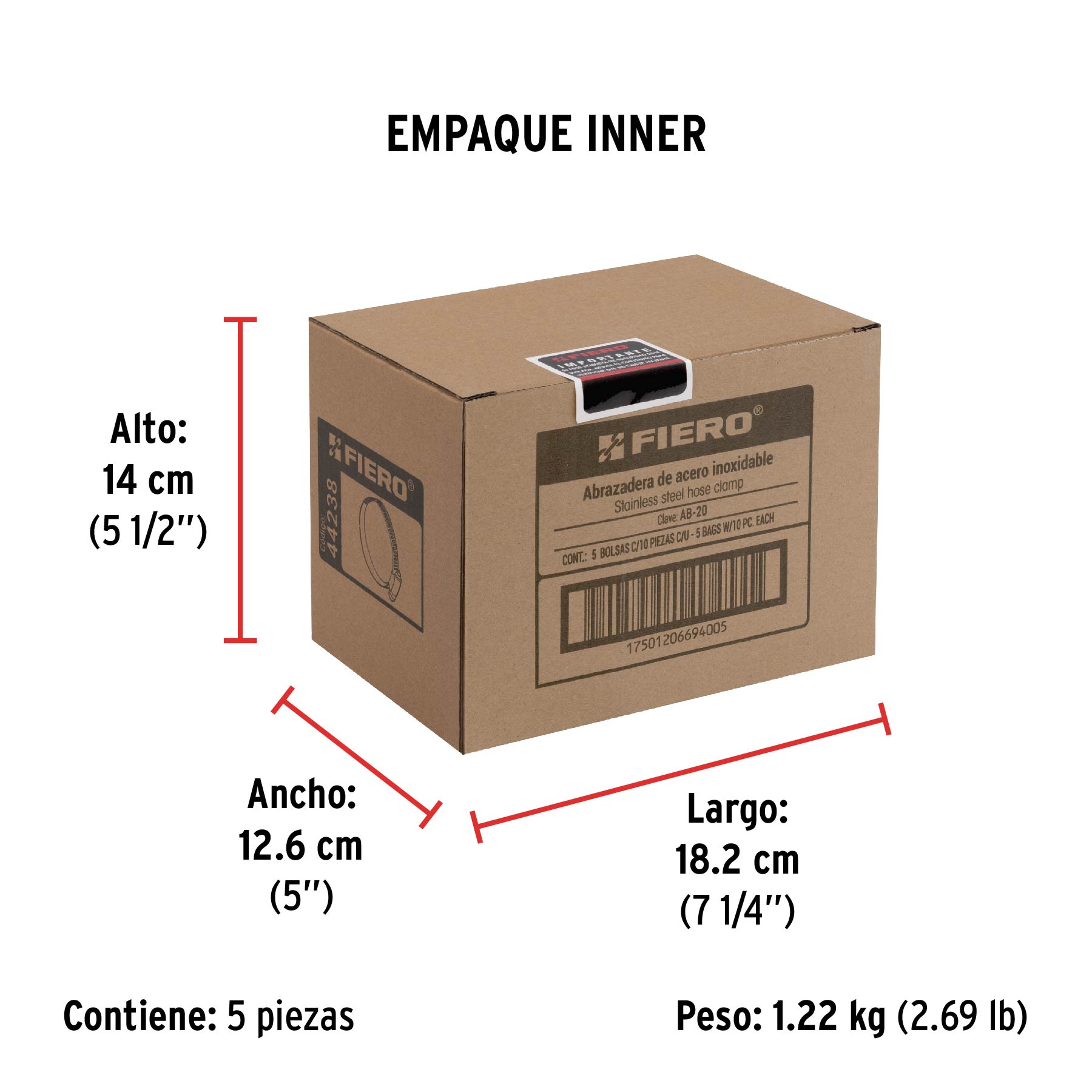 Bolsa con 10 abrazaderas sin fin #20, 3/4 - 1-3/4", FIERO - Empaque