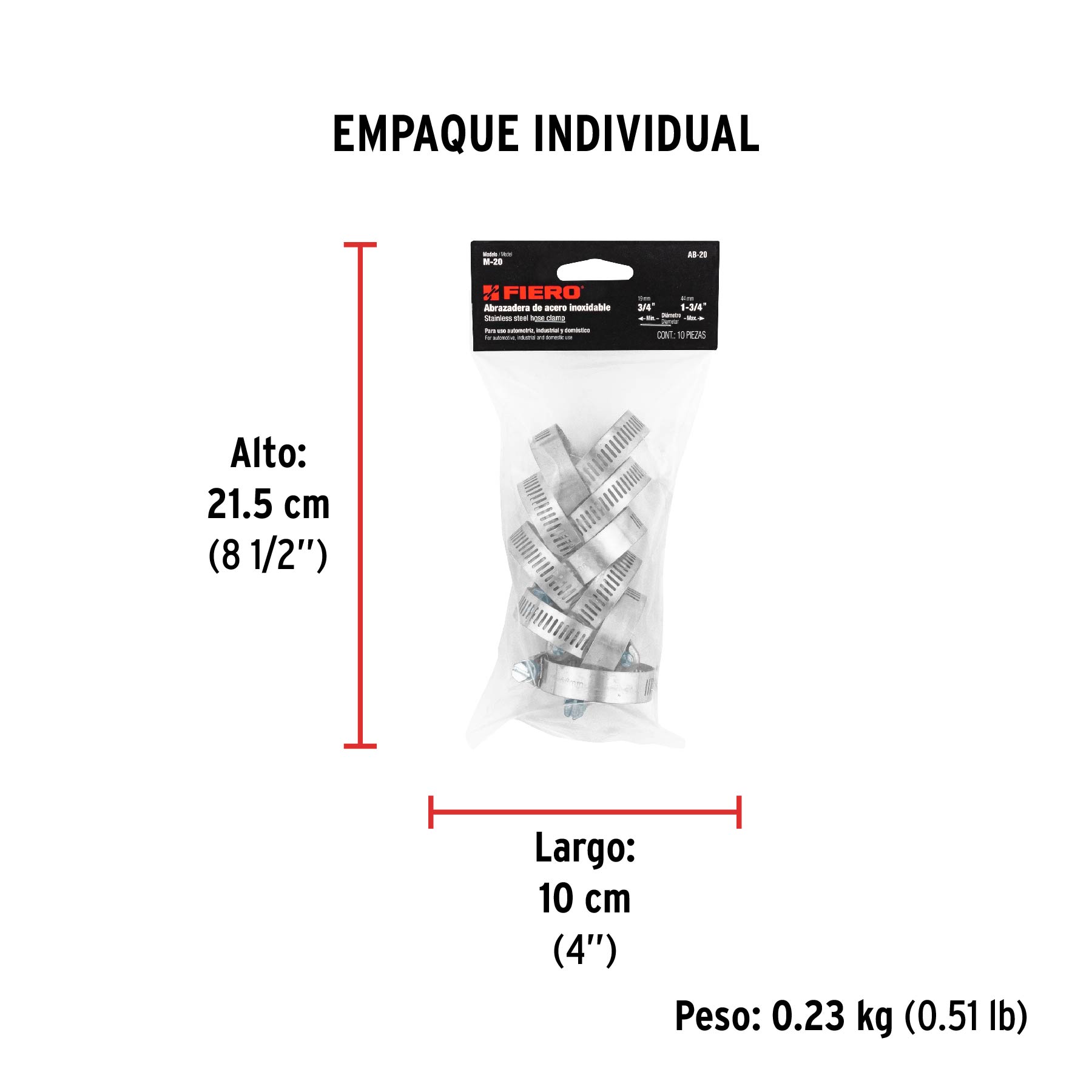 Bolsa con 10 abrazaderas sin fin #20, 3/4 - 1-3/4", FIERO - Empaque