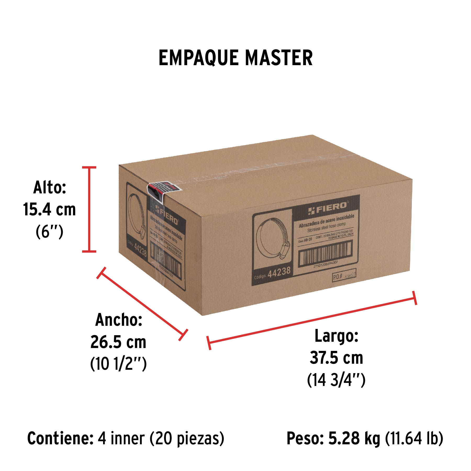 Bolsa con 10 abrazaderas sin fin #20, 3/4 - 1-3/4", FIERO - Empaque