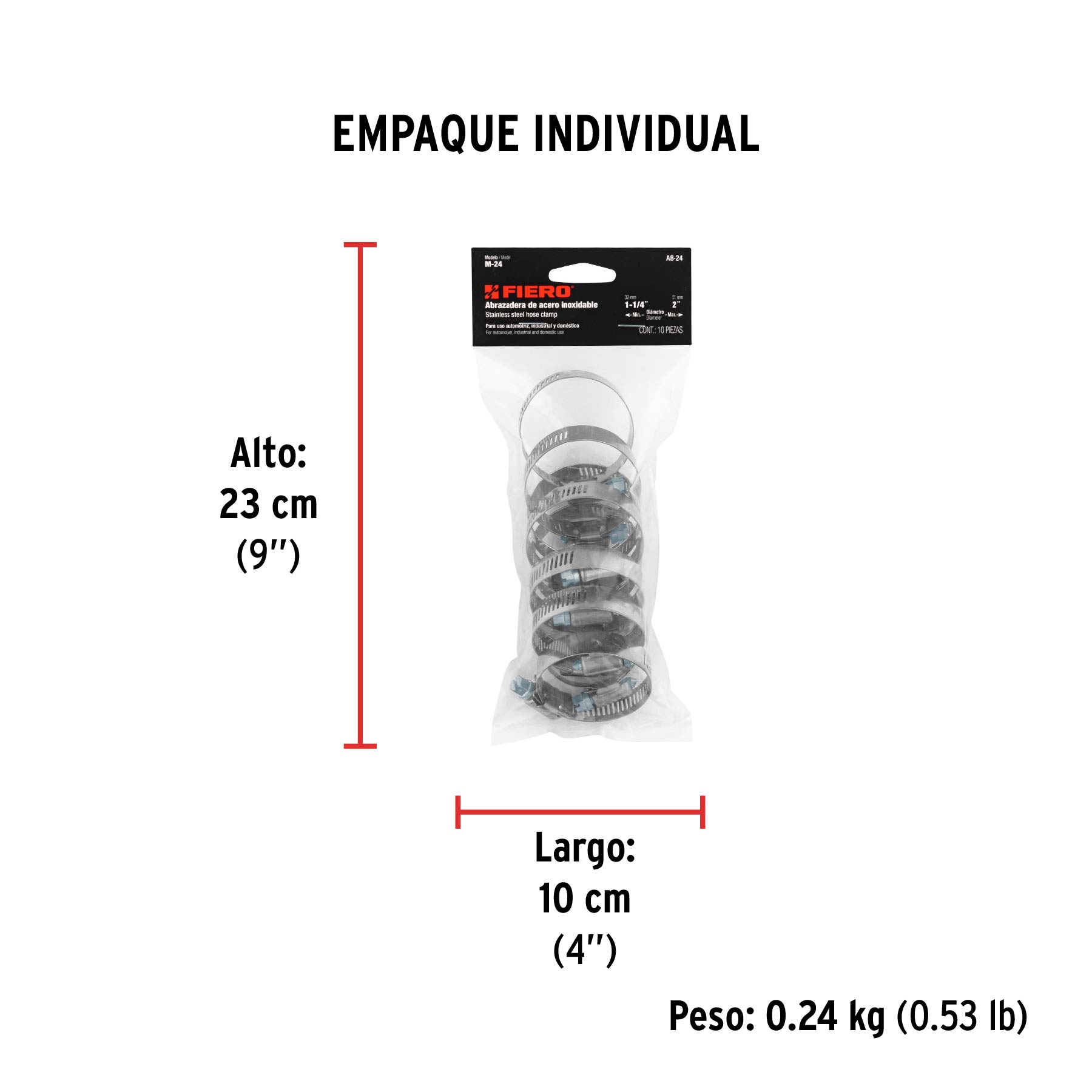 Bolsa con 10 abrazaderas sin fin #24, 1-1/4 - 2", FIERO - Empaque