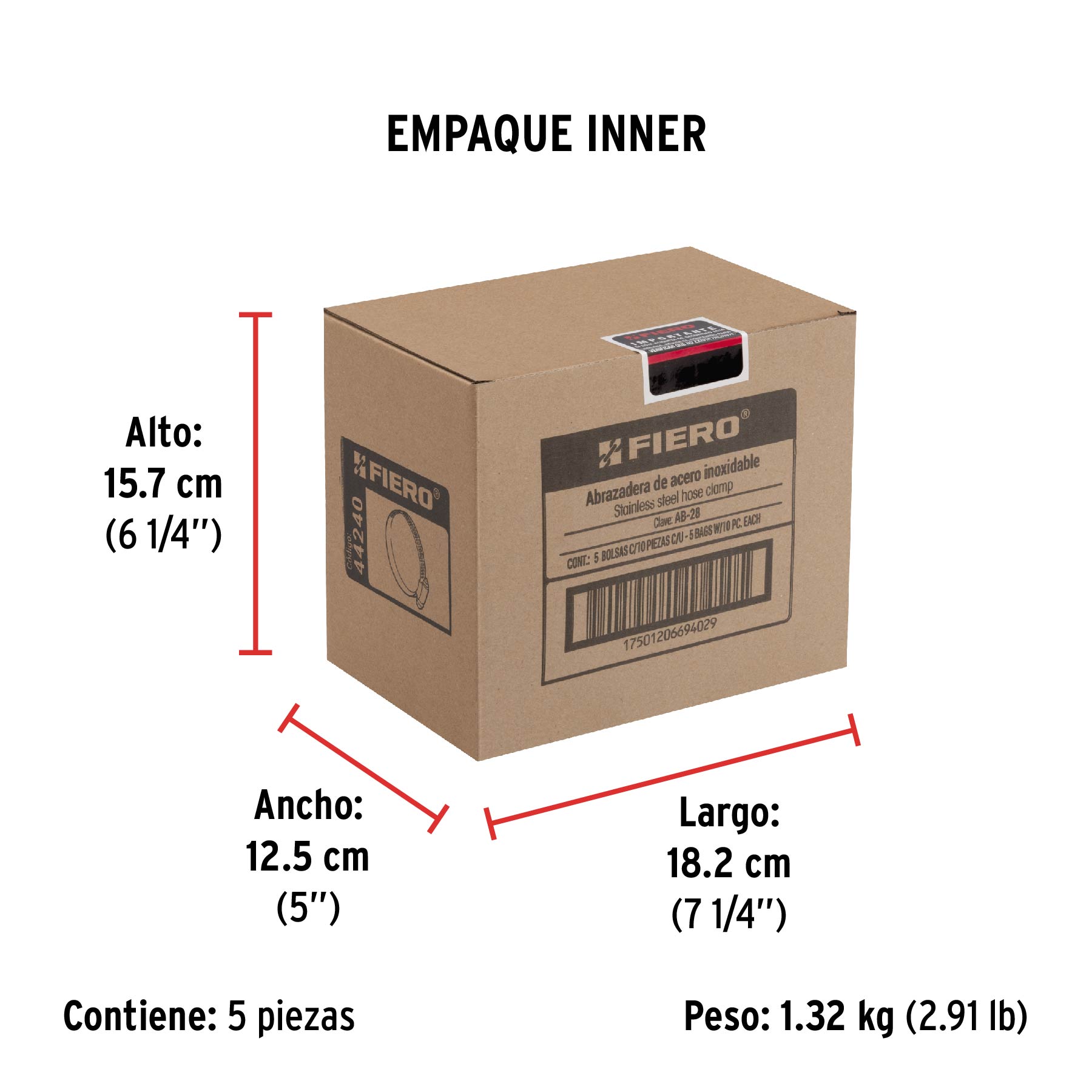 Bolsa con 10 abrazaderas sin fin #28, 1-1/2 - 2-1/4", FIERO - Empaque