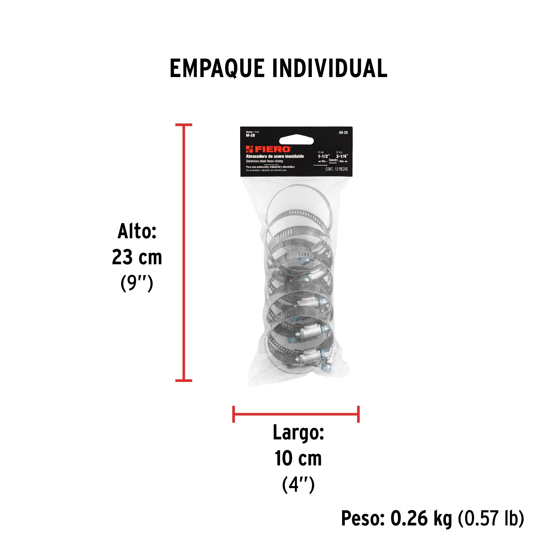 Bolsa con 10 abrazaderas sin fin #28, 1-1/2 - 2-1/4", FIERO - Empaque