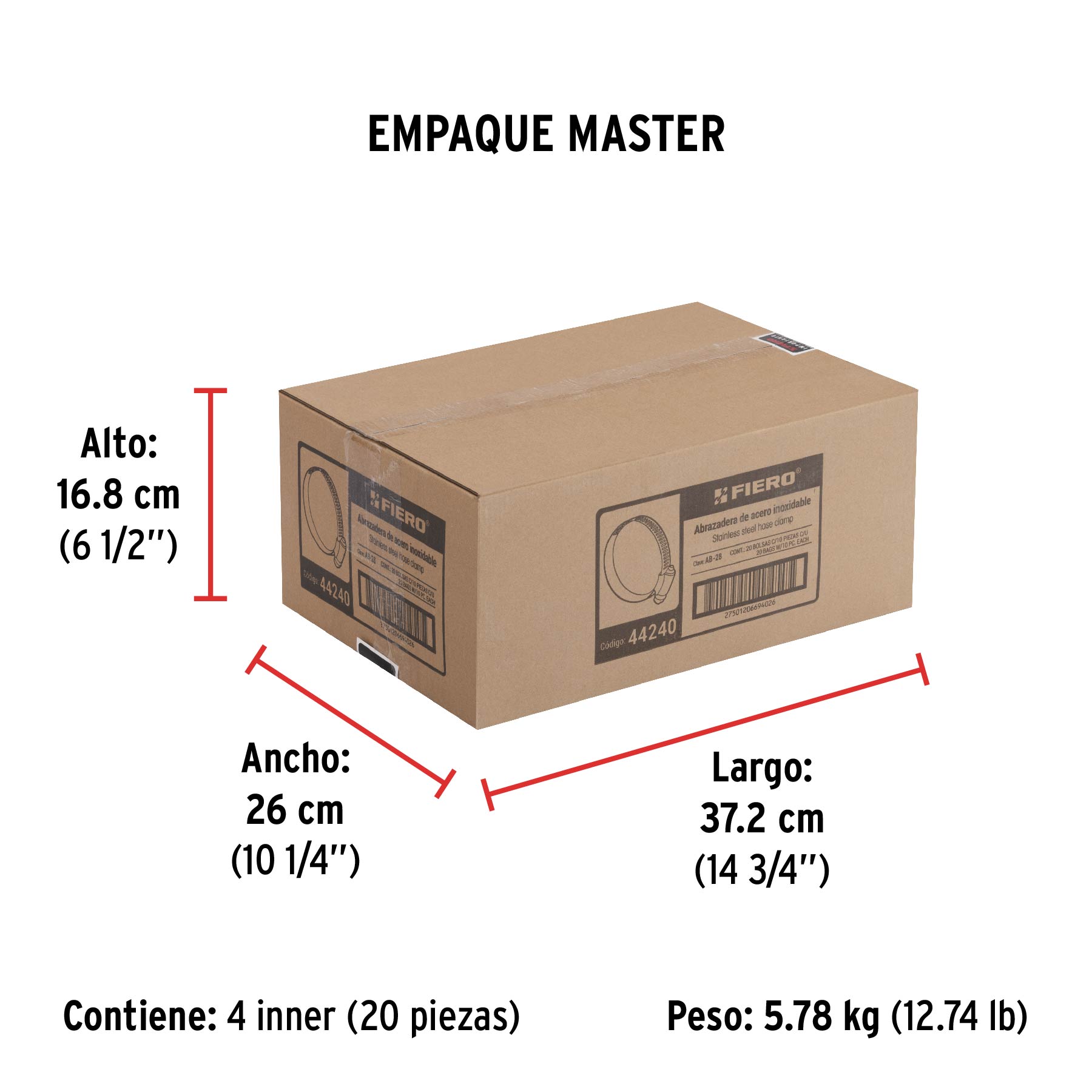 Bolsa con 10 abrazaderas sin fin #28, 1-1/2 - 2-1/4", FIERO - Empaque