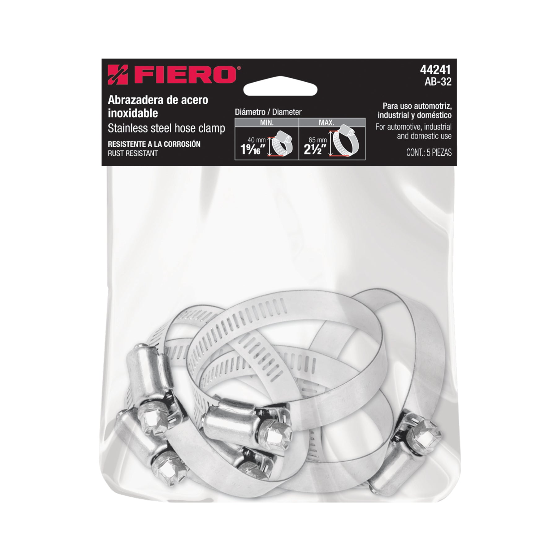 Bolsa con 5 abrazaderas sin fin #32, 1-9/16 - 2-1/2", FIERO