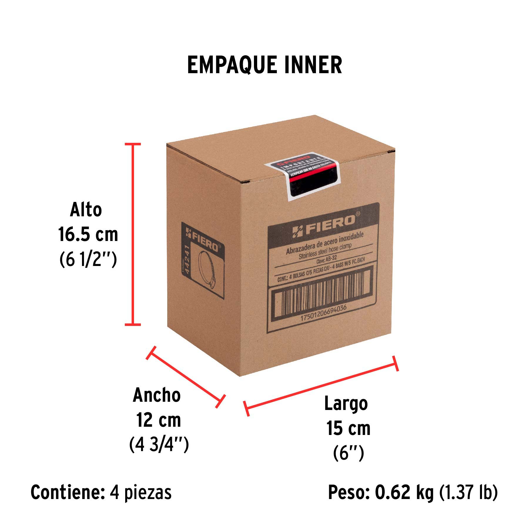 Bolsa con 5 abrazaderas sin fin #32, 1-9/16 - 2-1/2", FIERO - Empaque